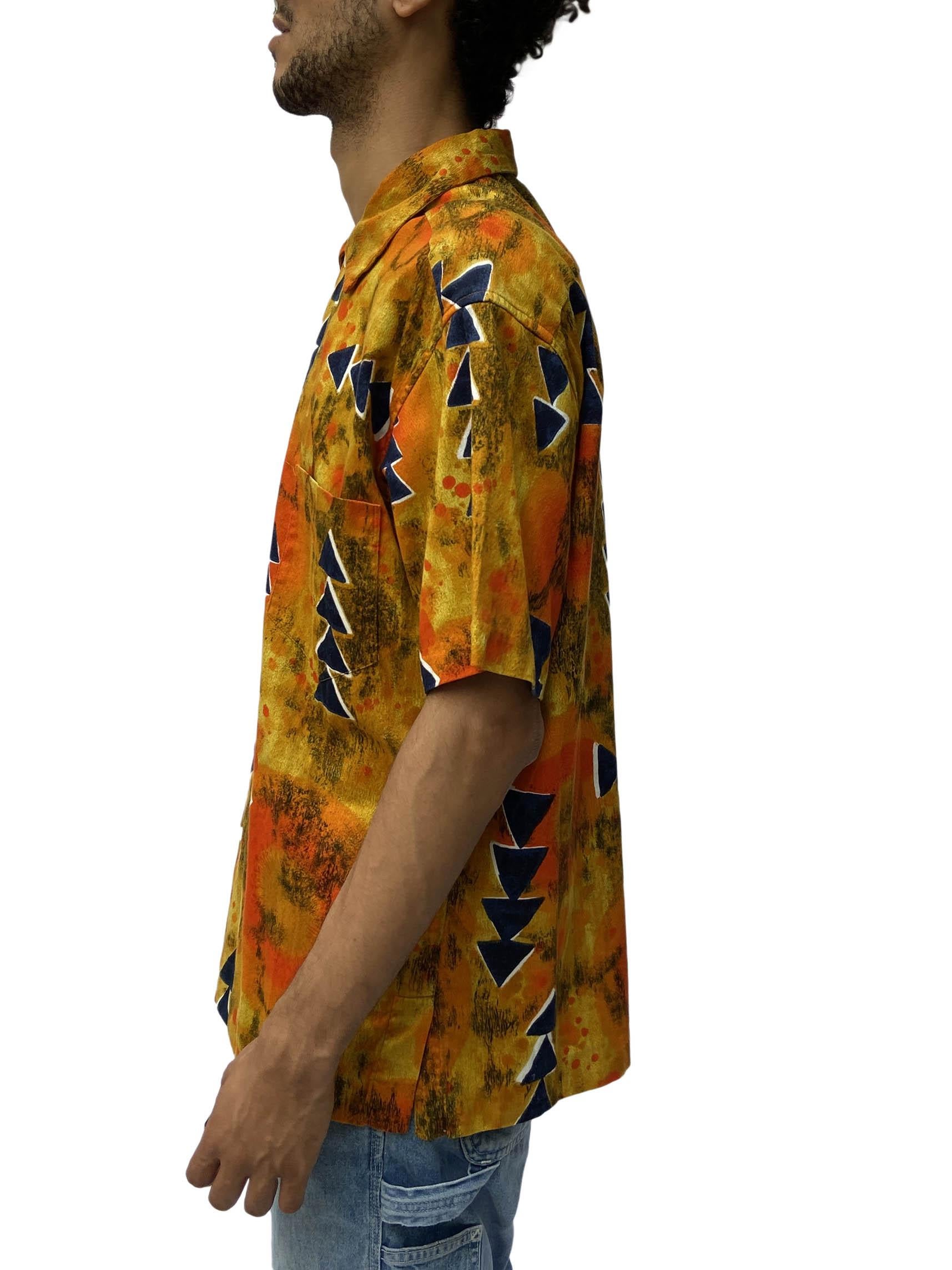 Women's or Men's 1980S Reyn Spooner Mustard Yellow Tie Dyed Cotton Blue Arrows Hawaiian  Shirt For Sale