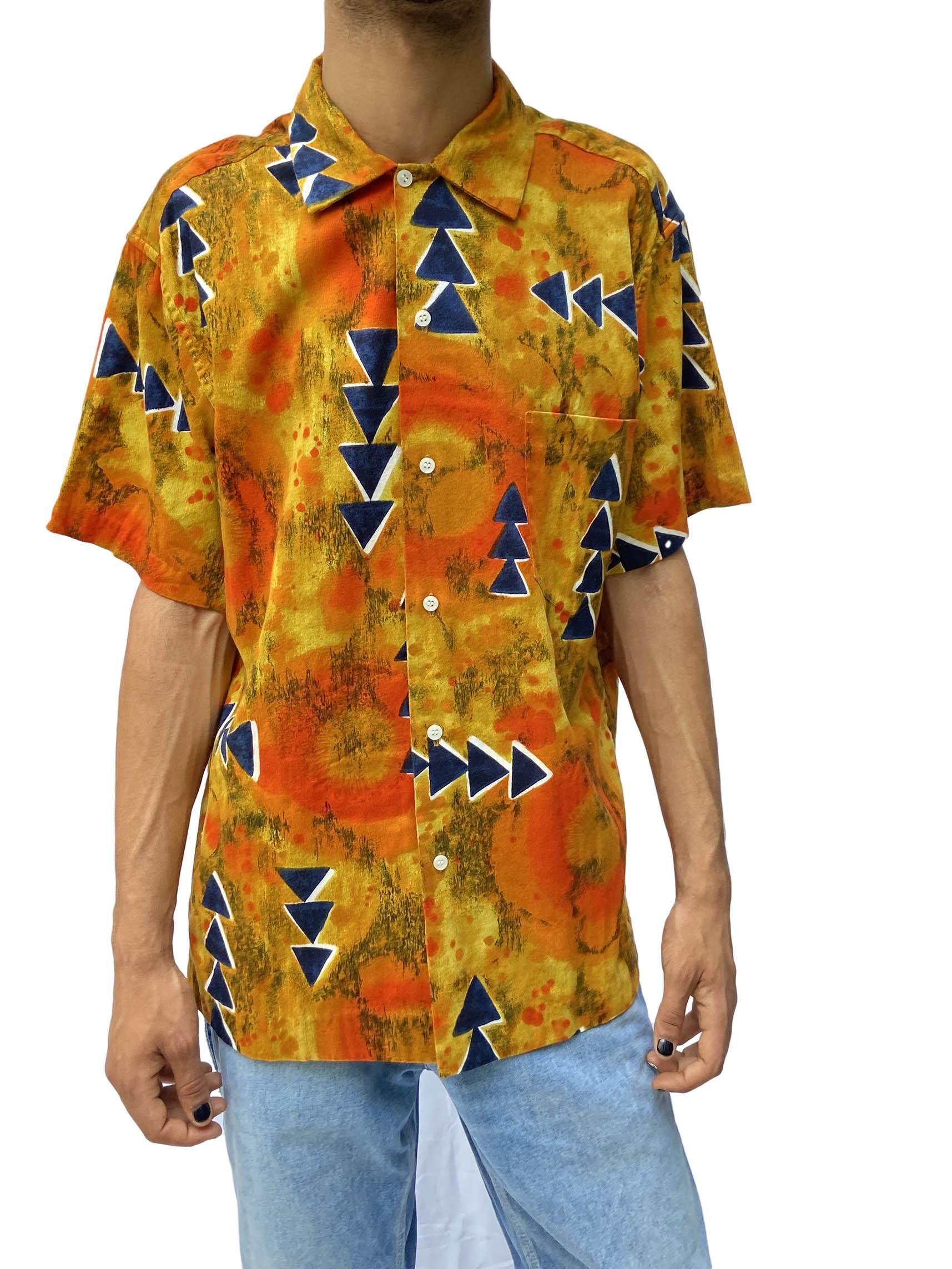 1980S Reyn Spooner Mustard Yellow Tie Dyed Cotton Blue Arrows Hawaiian  Shirt For Sale 2