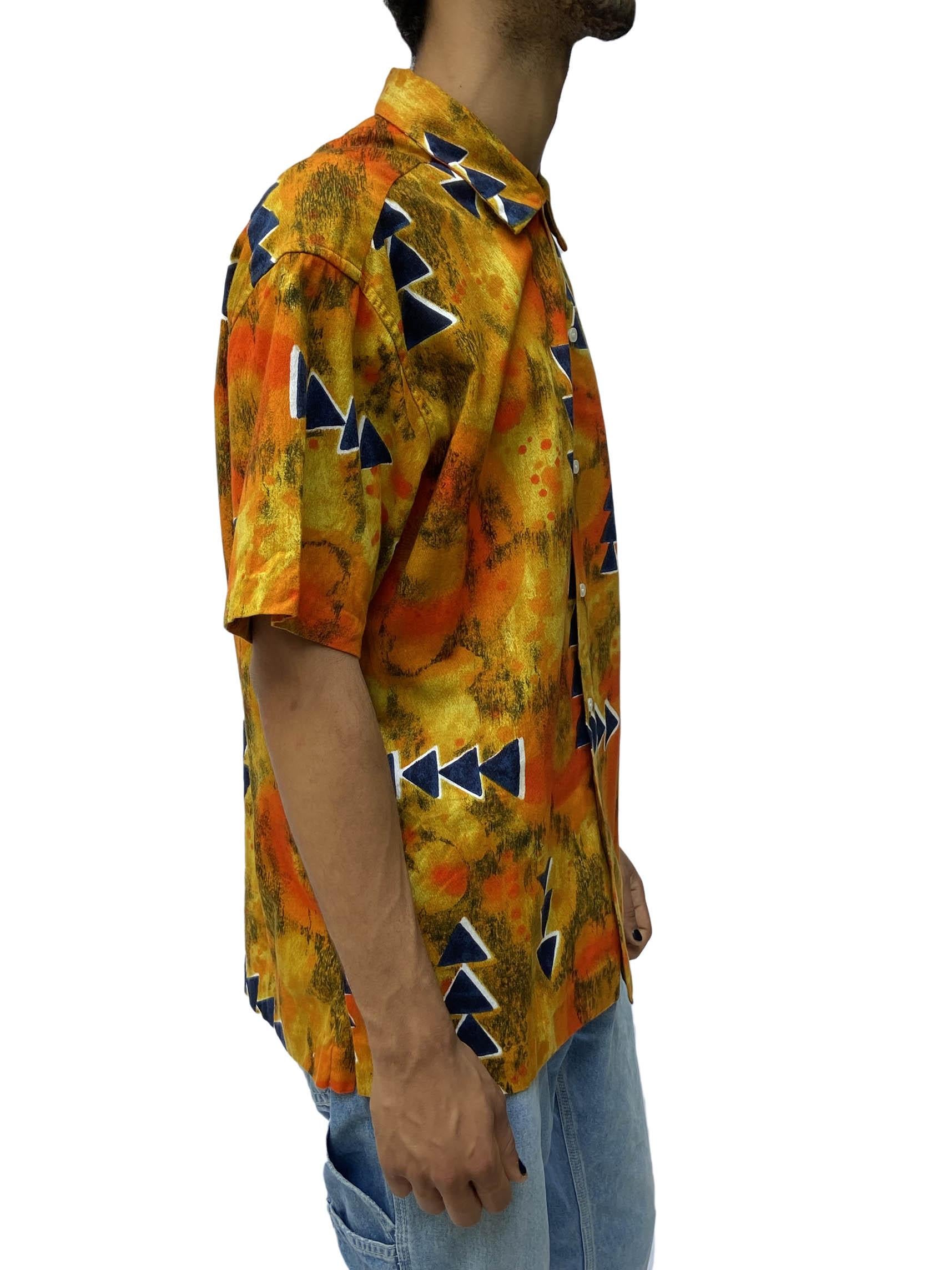 1980S Reyn Spooner Mustard Yellow Tie Dyed Cotton Blue Arrows Hawaiian  Shirt For Sale 4