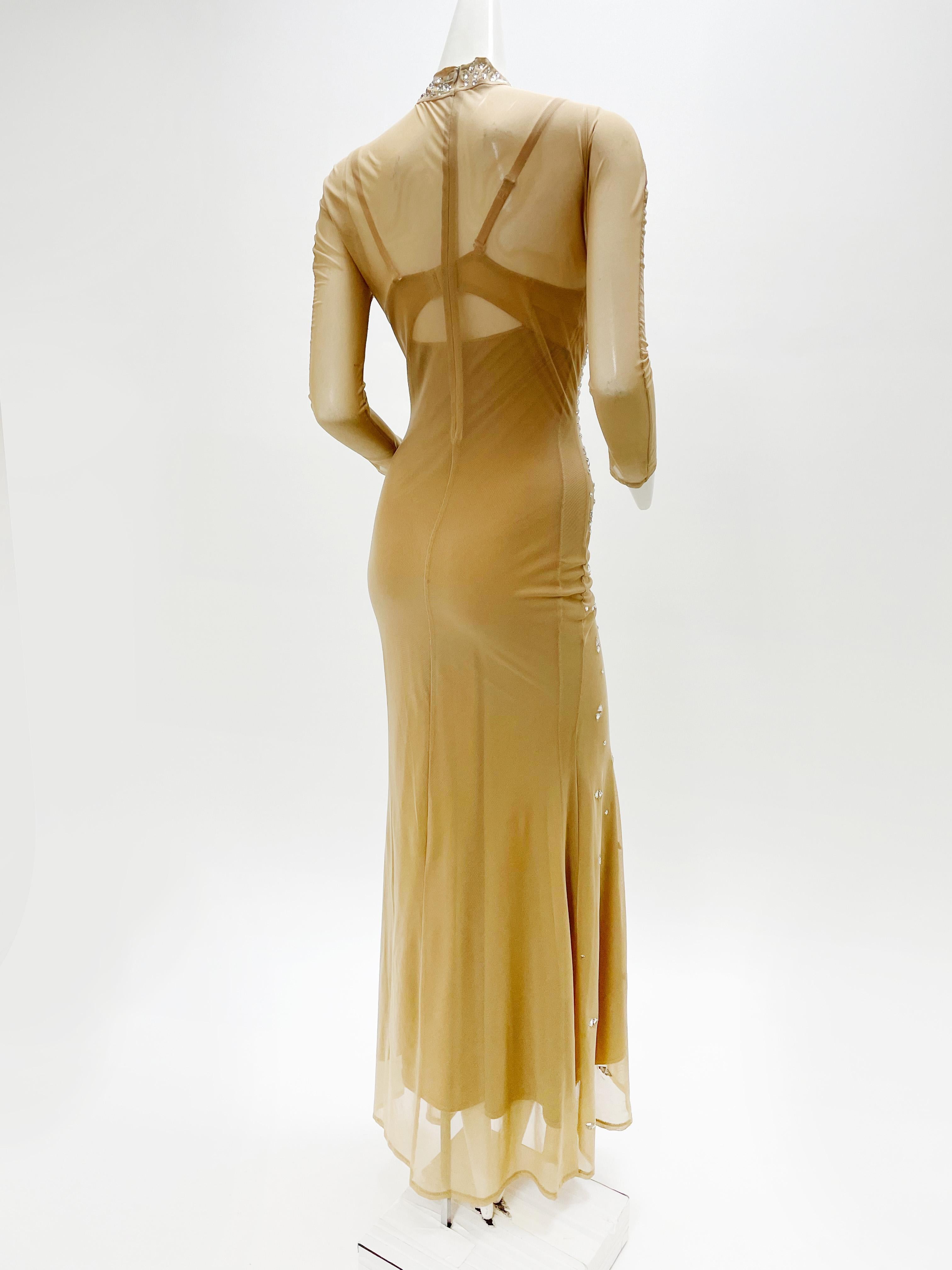 Brown 1980s Rhinestone Embellished Body-Conscious Nude Net Showgirl Gown For Sale