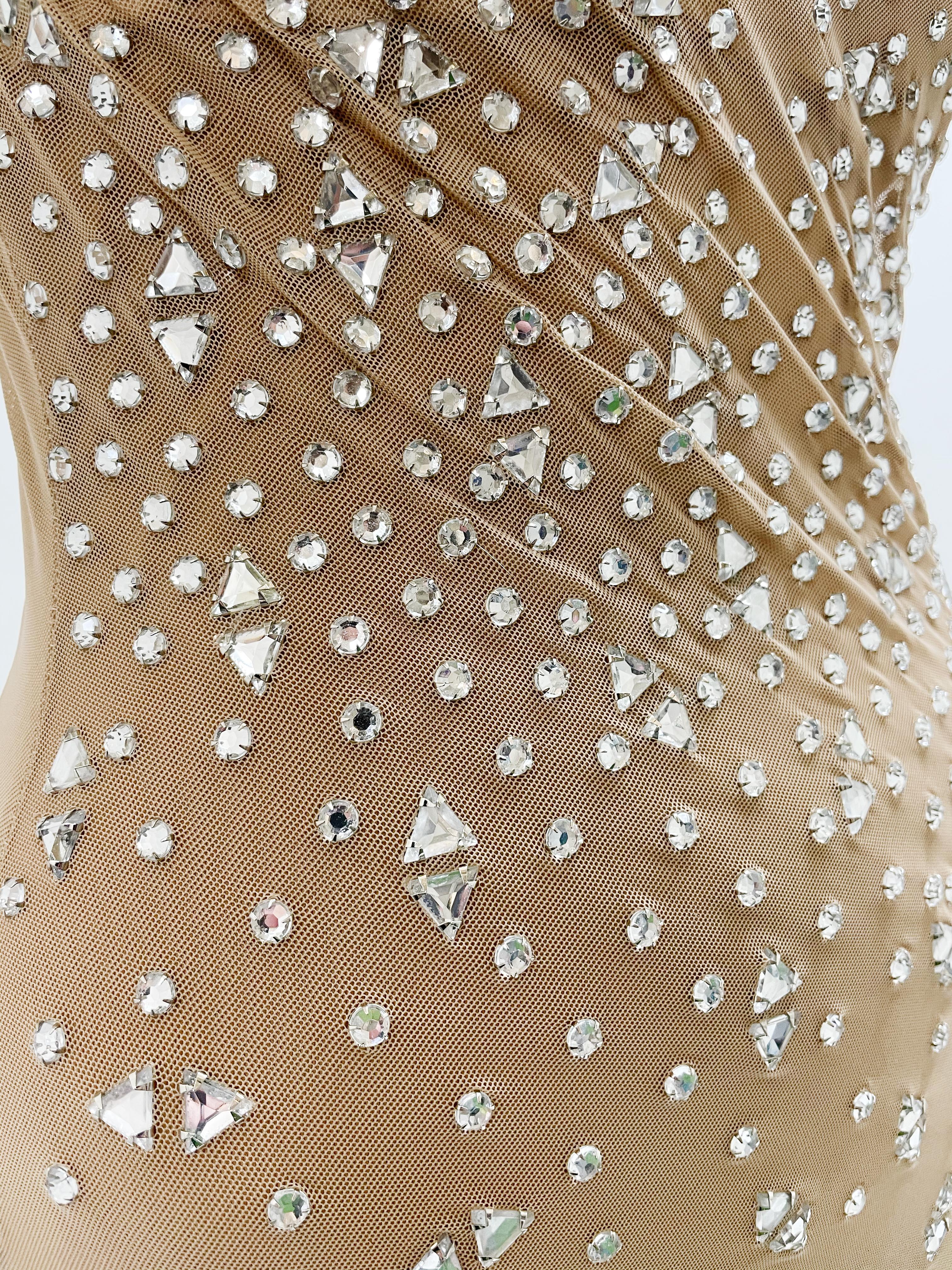Women's 1980s Rhinestone Embellished Body-Conscious Nude Net Showgirl Gown