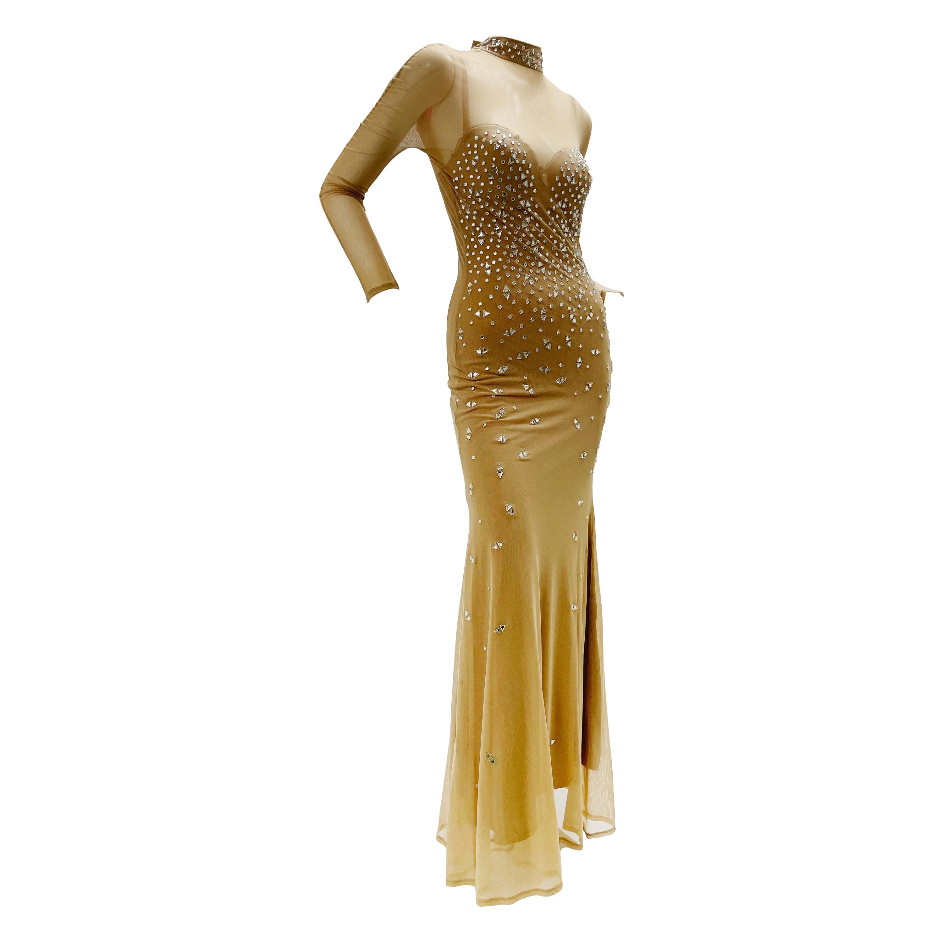 1980s Rhinestone Embellished Body-Conscious Nude Net Showgirl Gown For Sale
