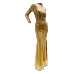 Vintage 1980s Rhinestone Embellished Body-Conscious Nude Net Showgirl Gown