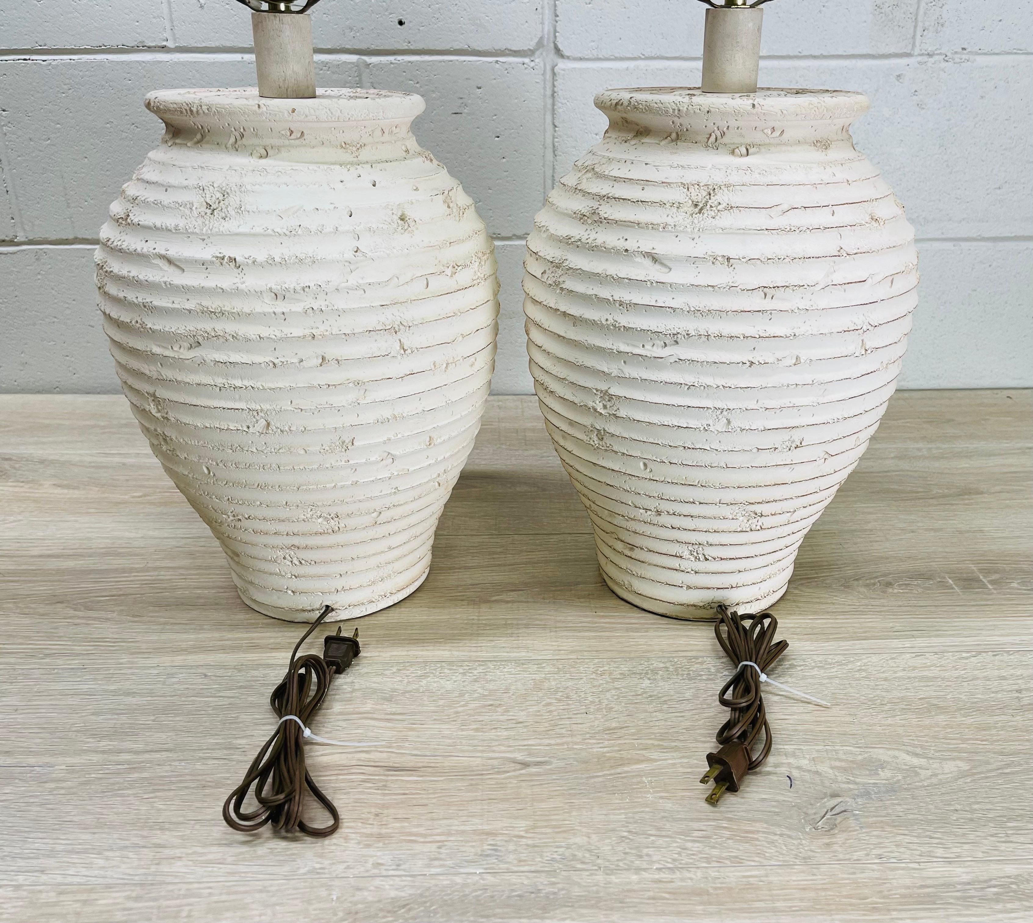 1980s Ribbed White Pottery Table Lamps, Pair 4