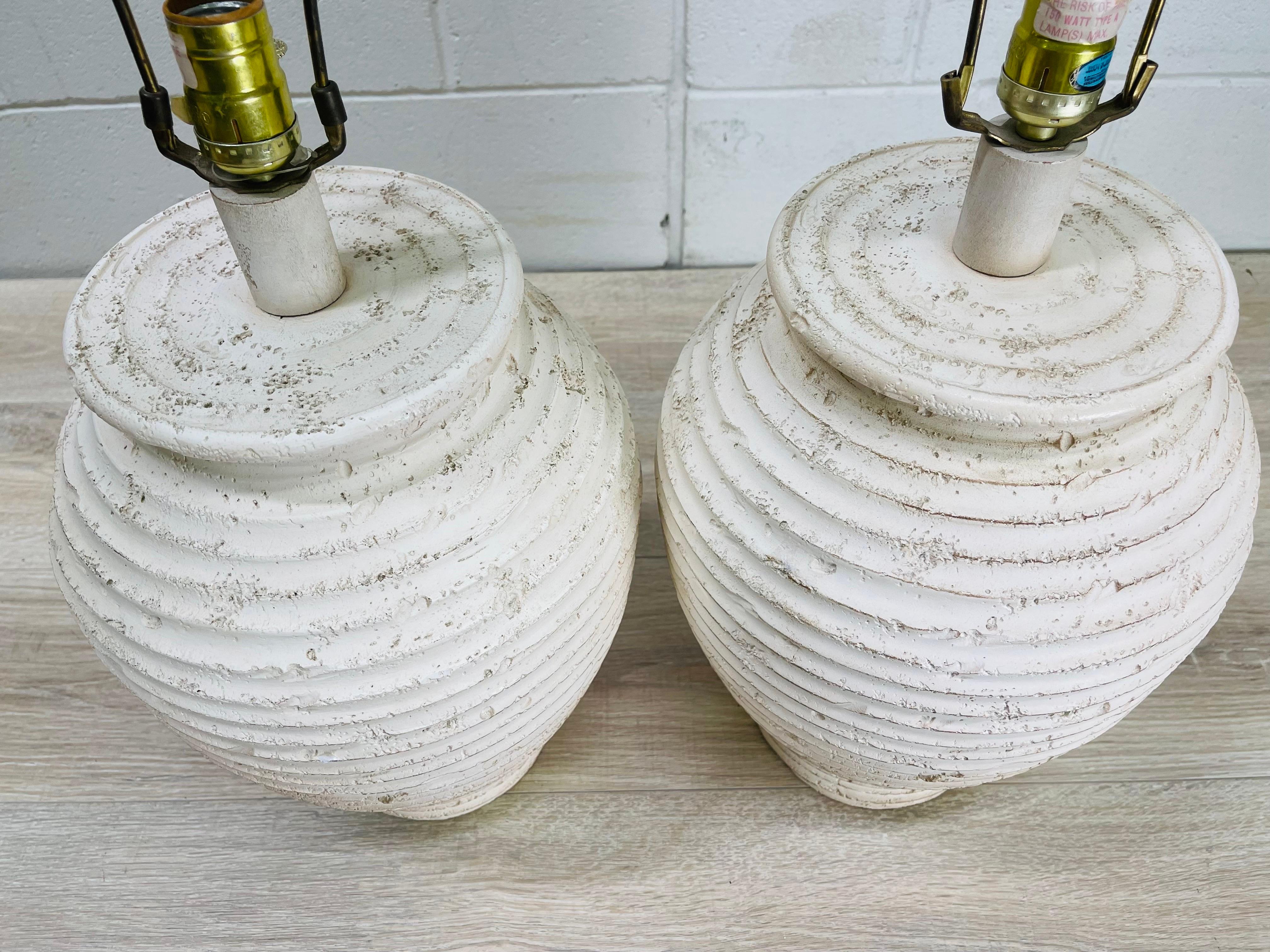 Mid-Century Modern 1980s Ribbed White Pottery Table Lamps, Pair
