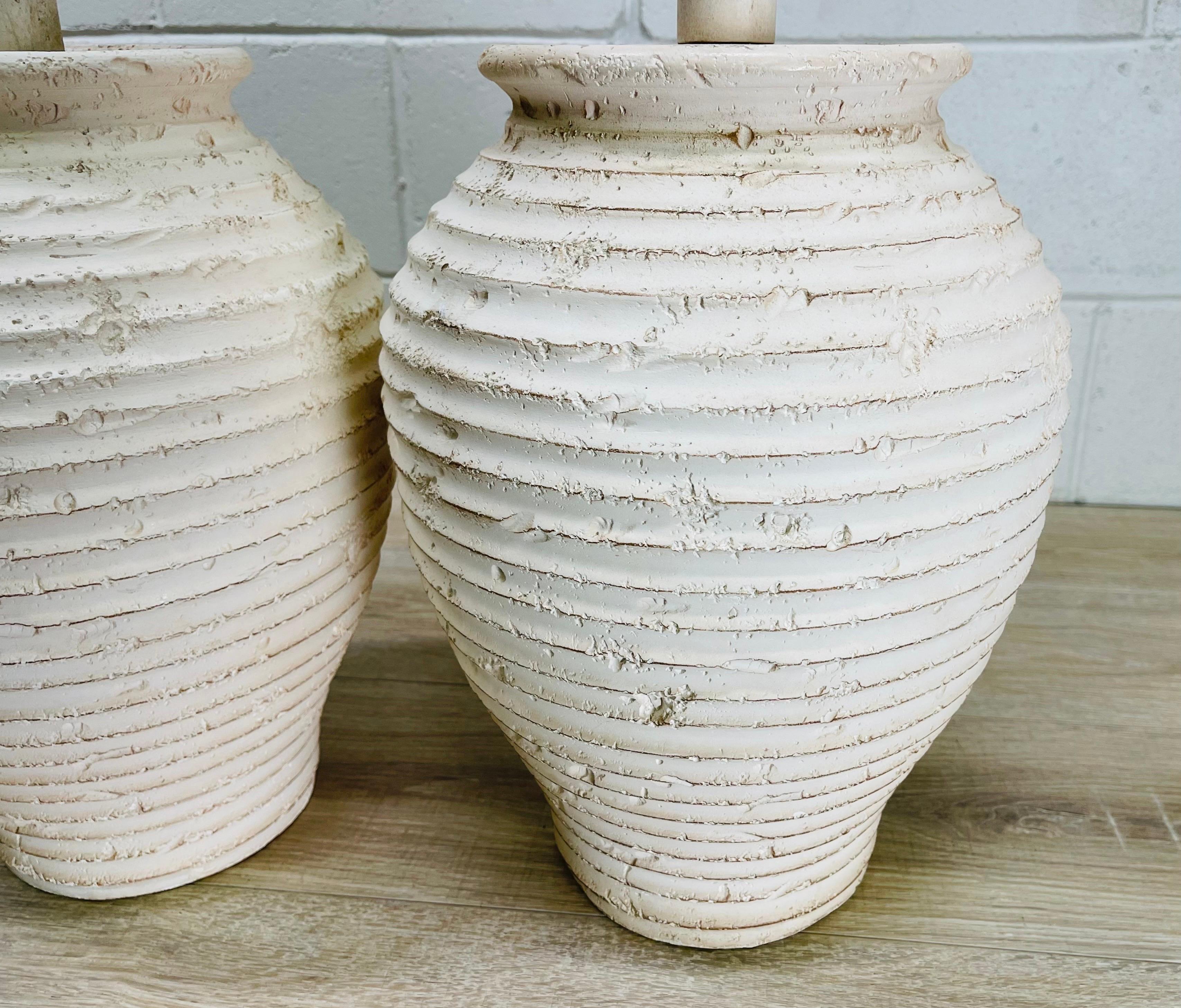 1980s Ribbed White Pottery Table Lamps, Pair 1