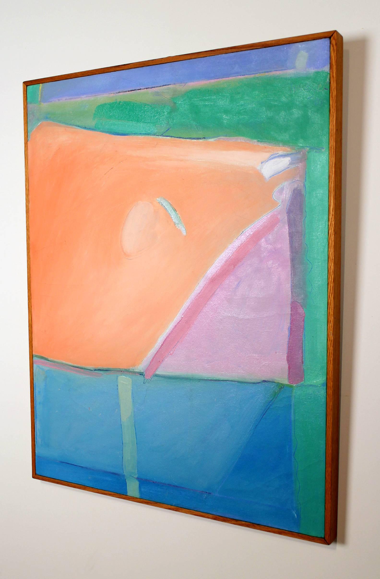 From a prominent estate in Colorado. A beautiful oil on canvas dated 1983 and signed Haeger. In the style of Richard Diebenkorn. Beautiful colors. Original frame.