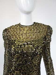 1980s Richilene Black and Gold Sequined Evening Dress