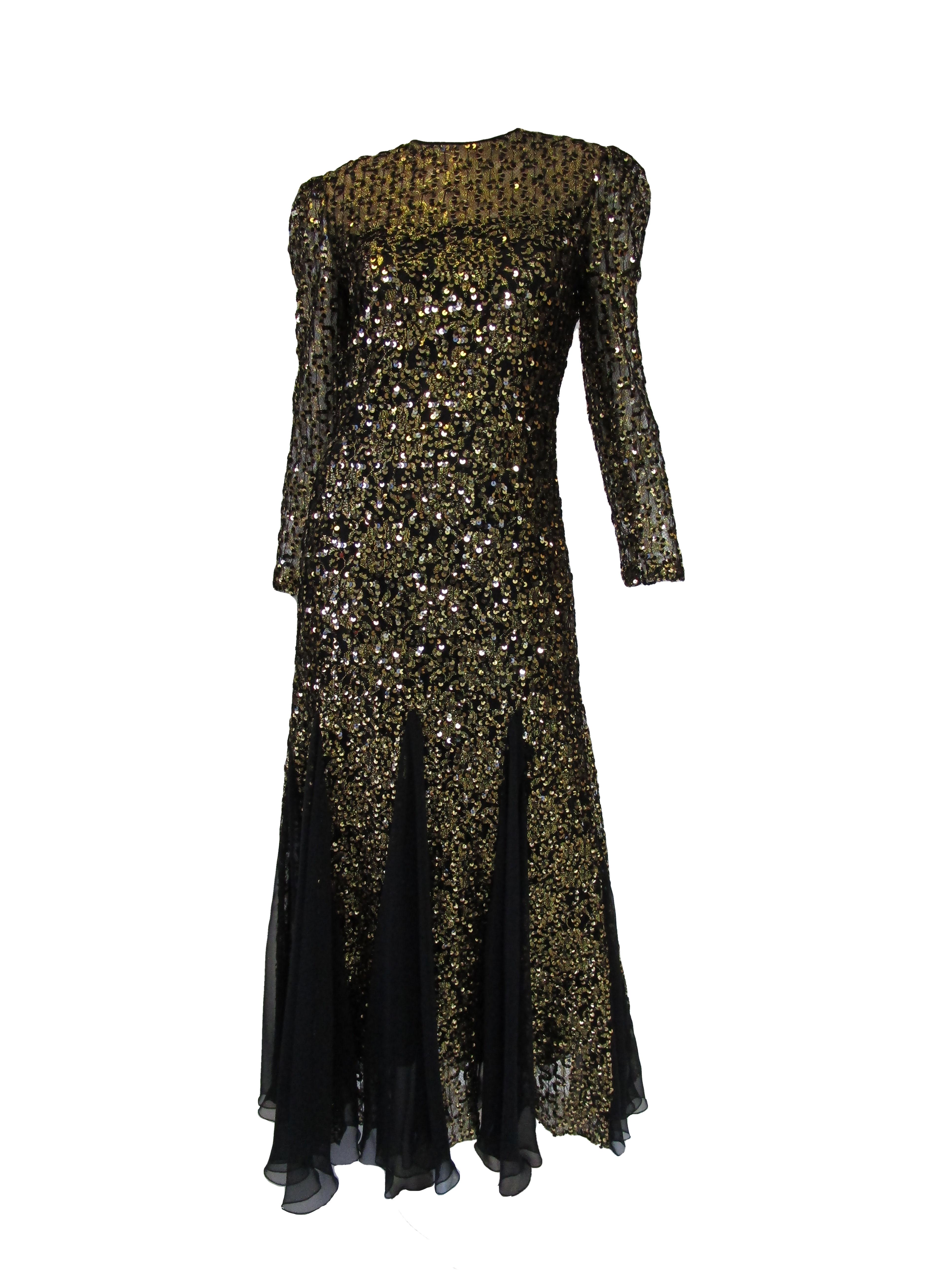 1980s Richilene Black and Gold Sequined Evening Dress  In Good Condition For Sale In Houston, TX