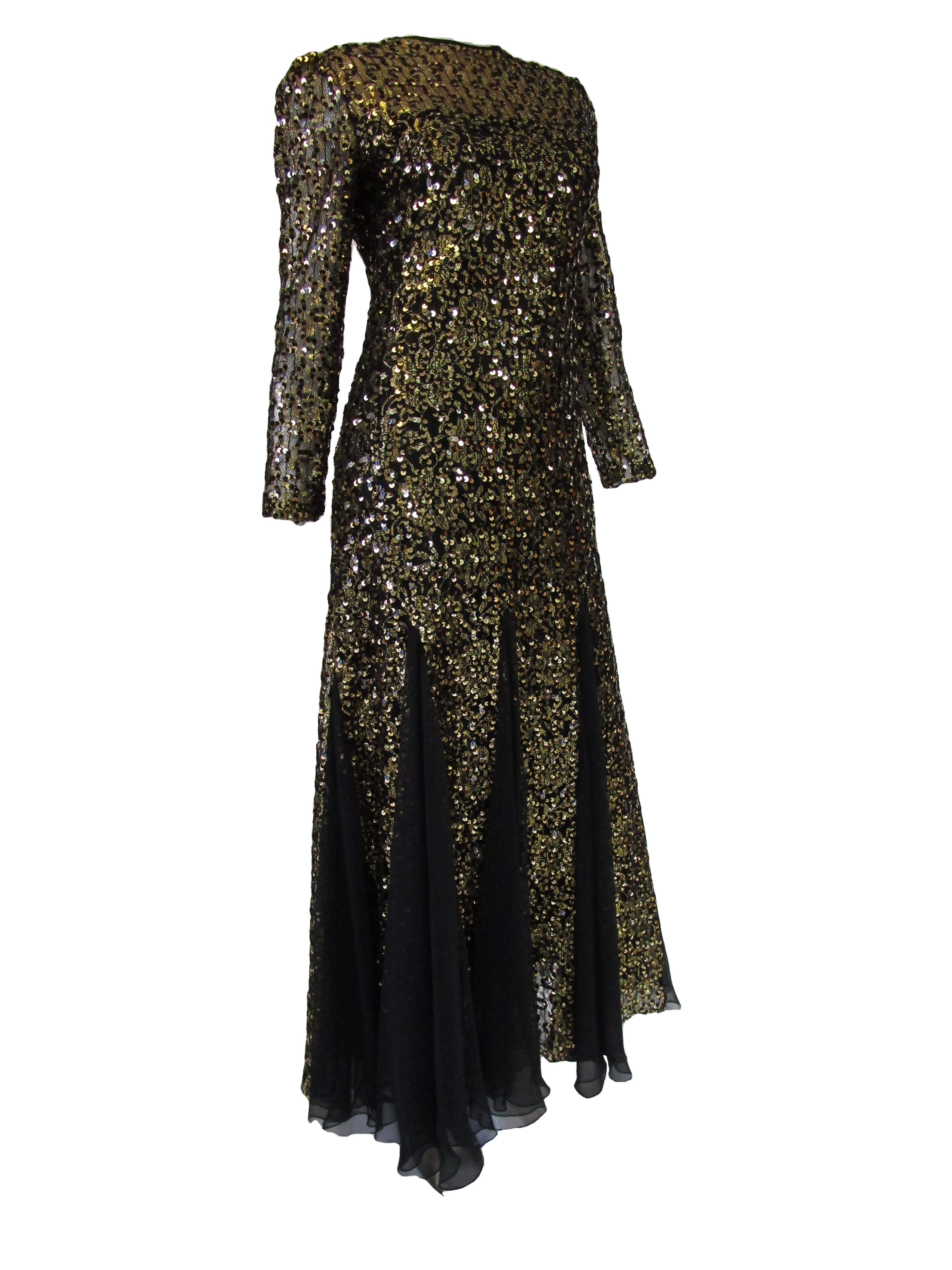 Women's 1980s Richilene Black and Gold Sequined Evening Dress  For Sale