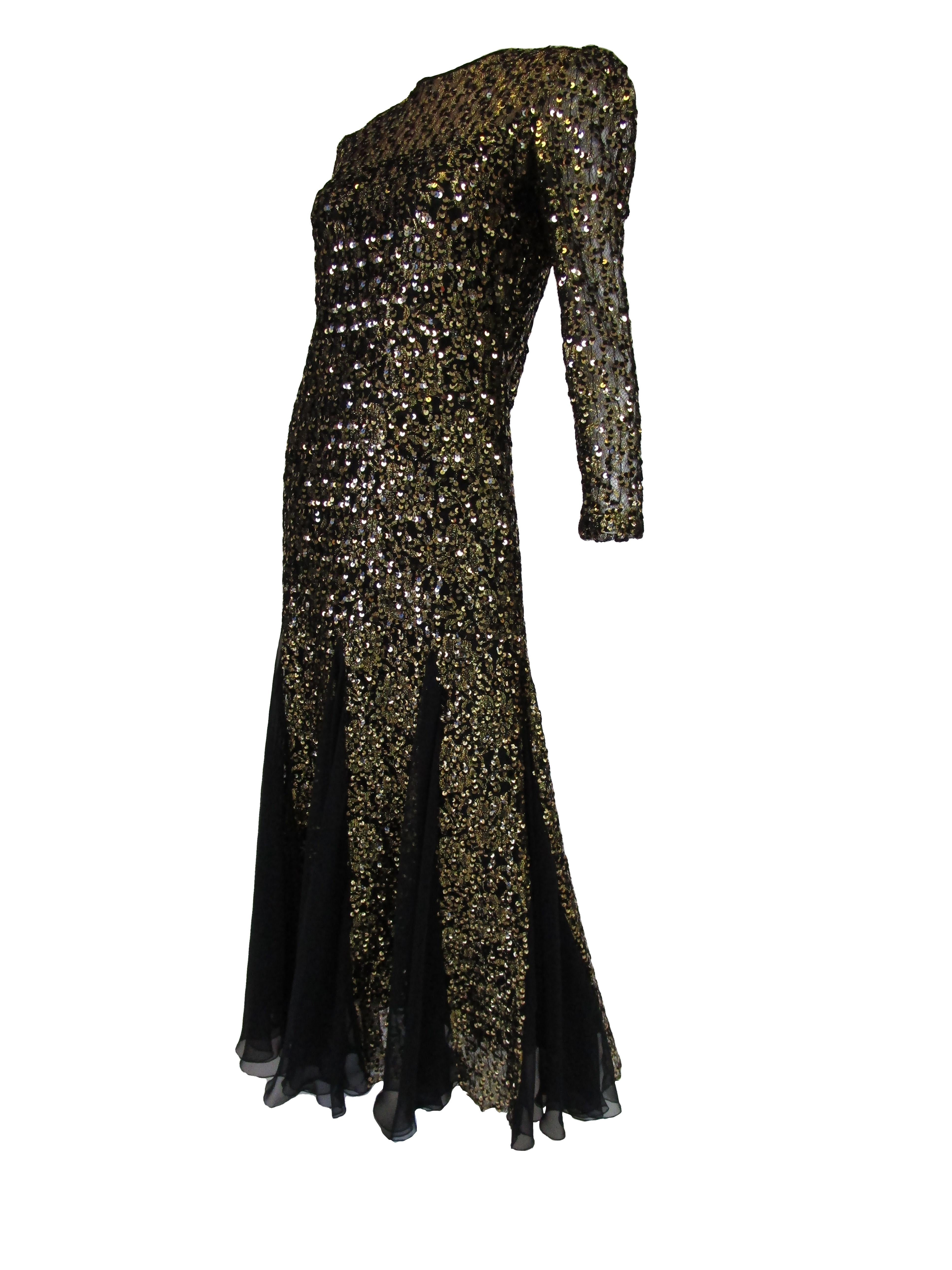 1980s Richilene Black and Gold Sequined Evening Dress  For Sale 1