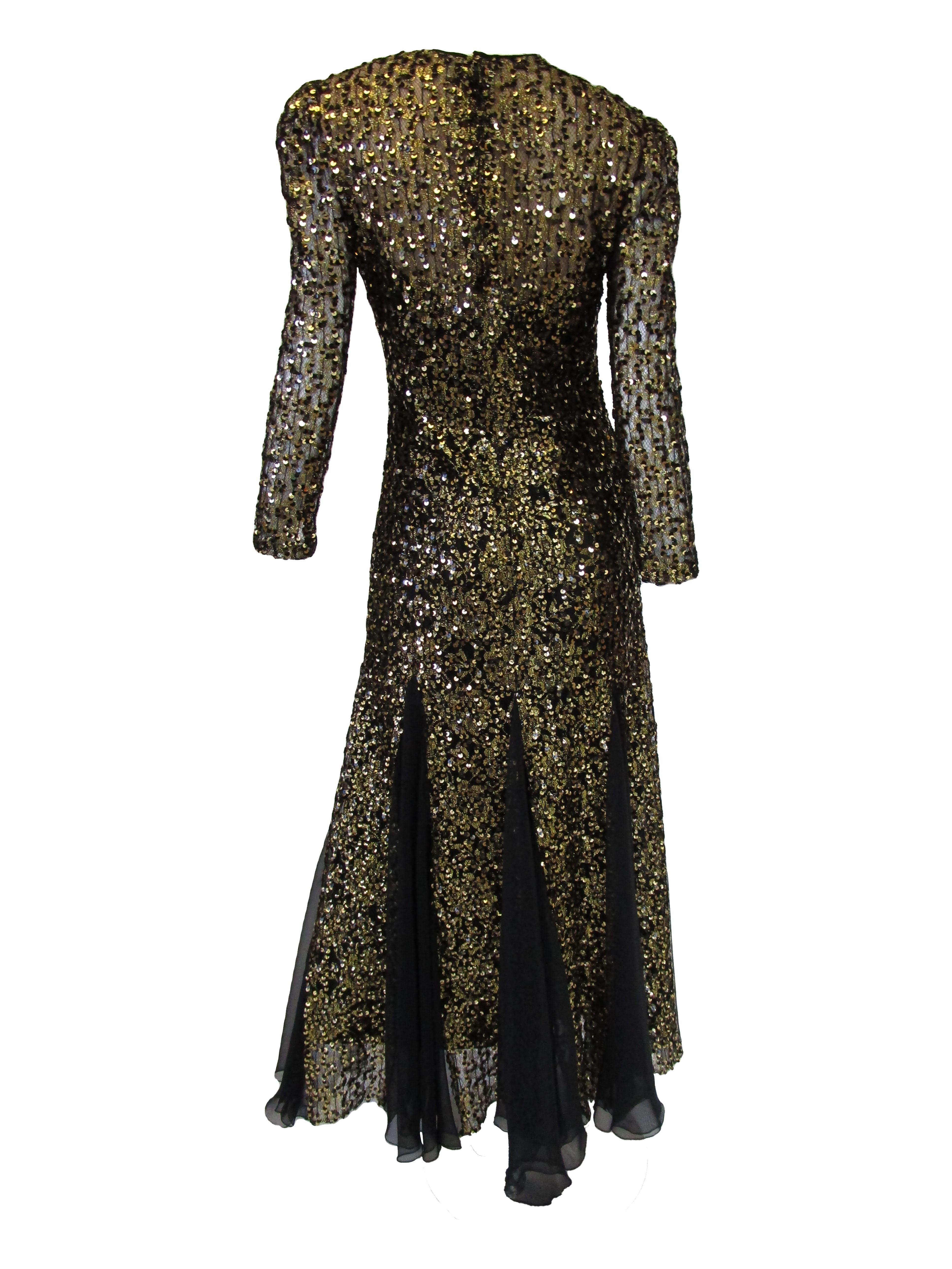 1980s Richilene Black and Gold Sequined Evening Dress  For Sale 2