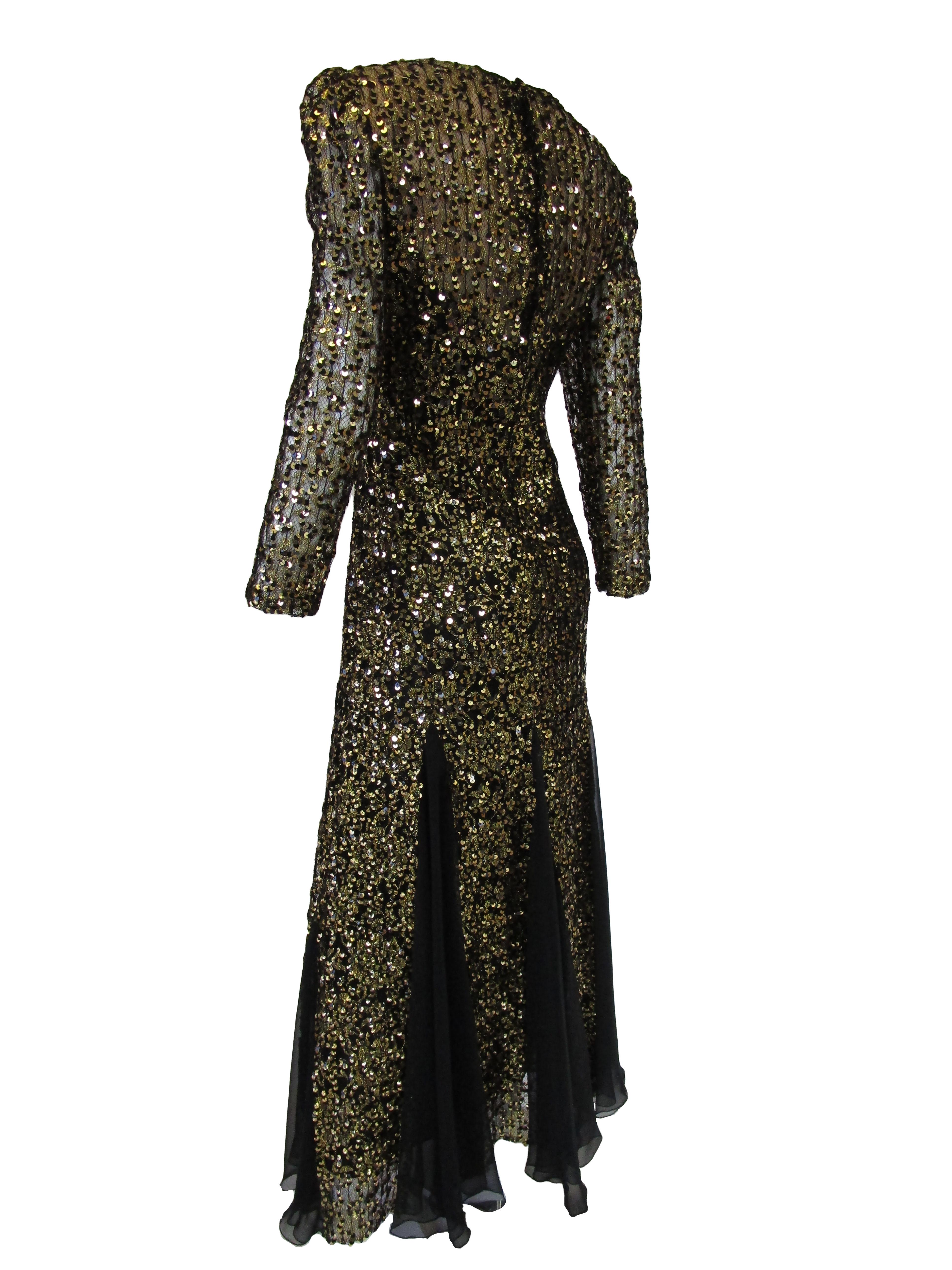 1980s Richilene Black and Gold Sequined Evening Dress  For Sale 3