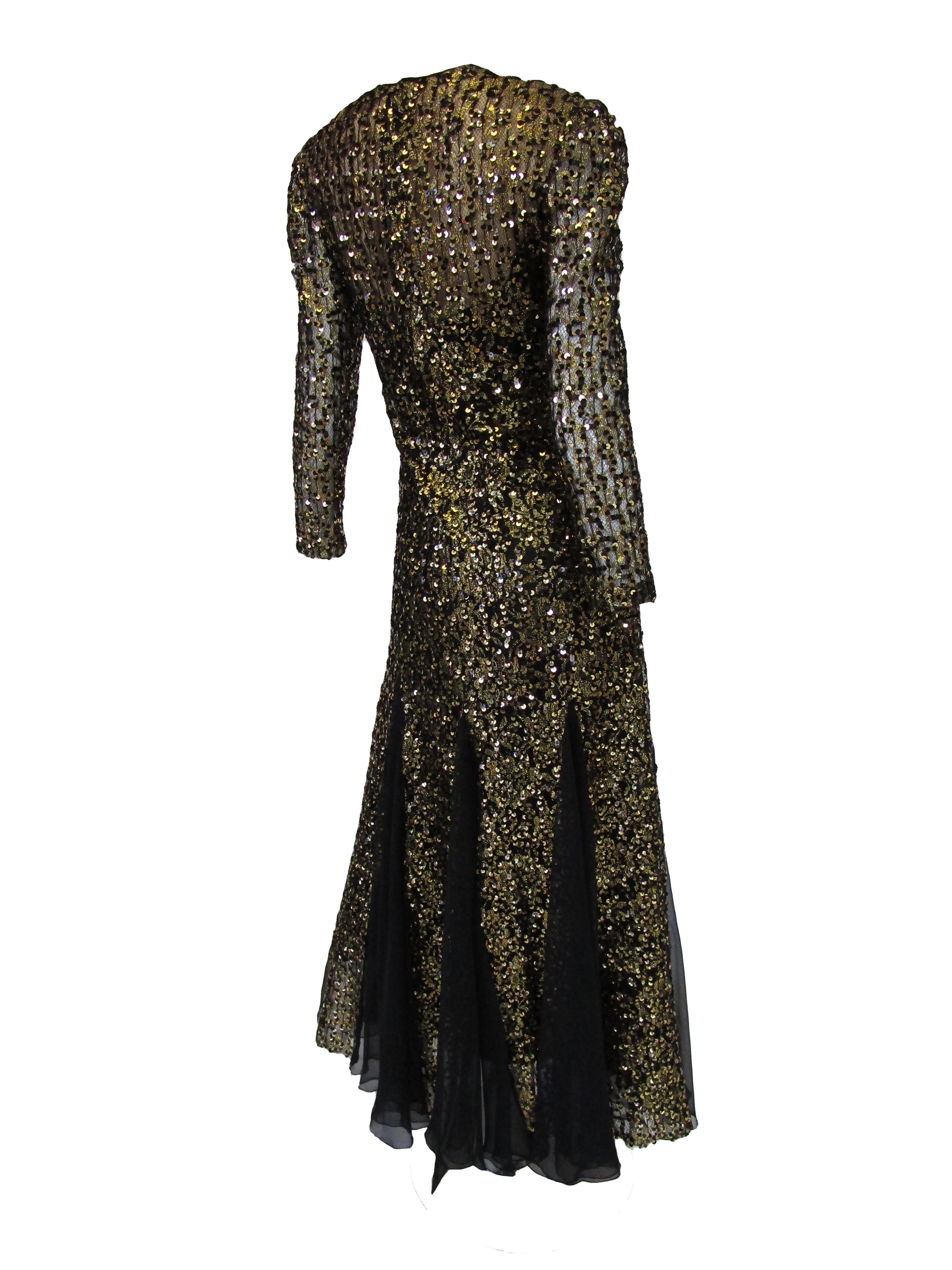 1980s Richilene Black and Gold Sequined Evening Dress  For Sale 4