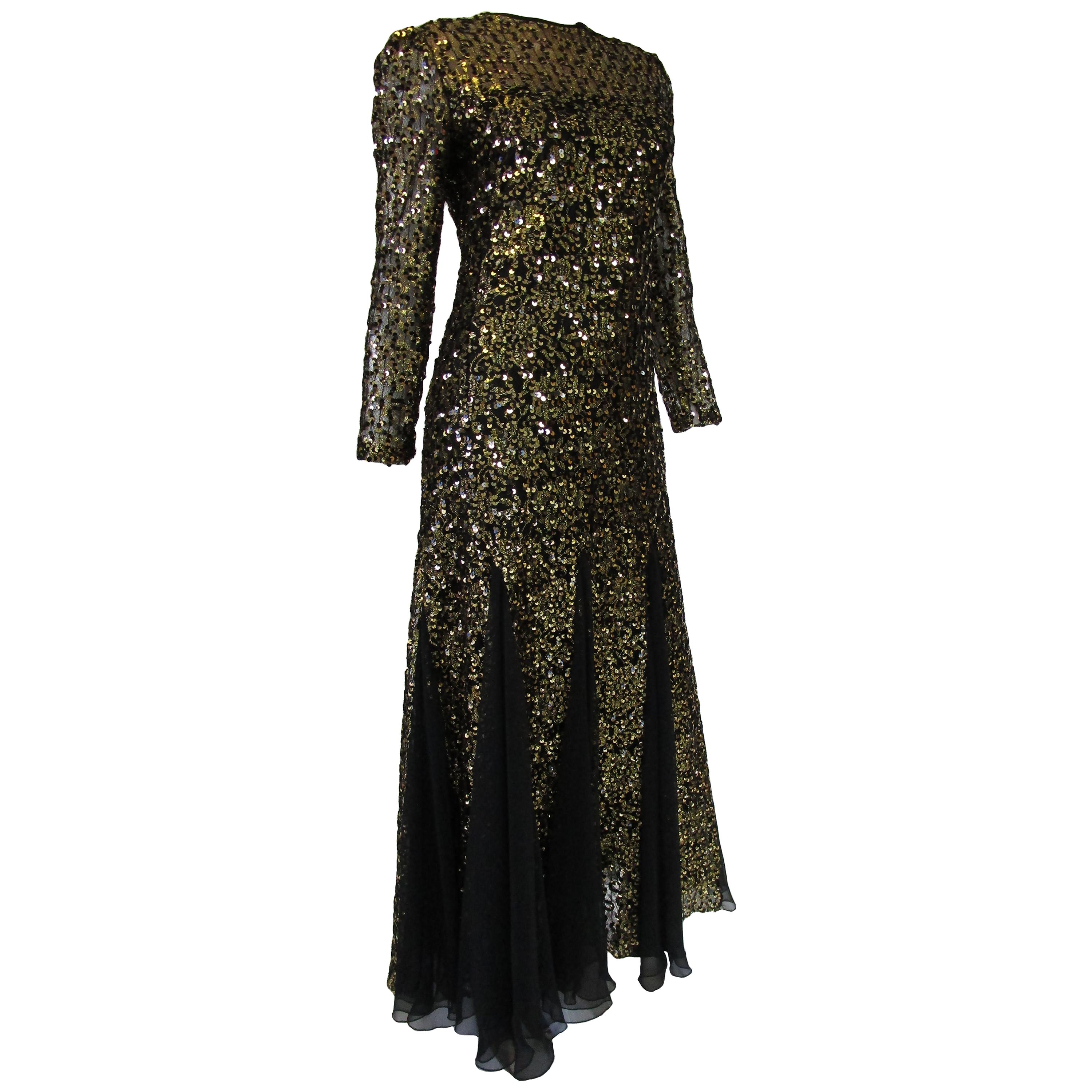 1980s Richilene Black and Gold Sequined Evening Dress  For Sale