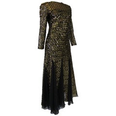 1980s Richilene Black and Gold Sequined Evening Dress