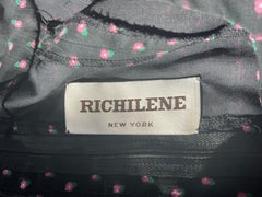 1980s Richilene Black + Pink Flower Print Flounce Sleeves Vintage 80s Midi Dress