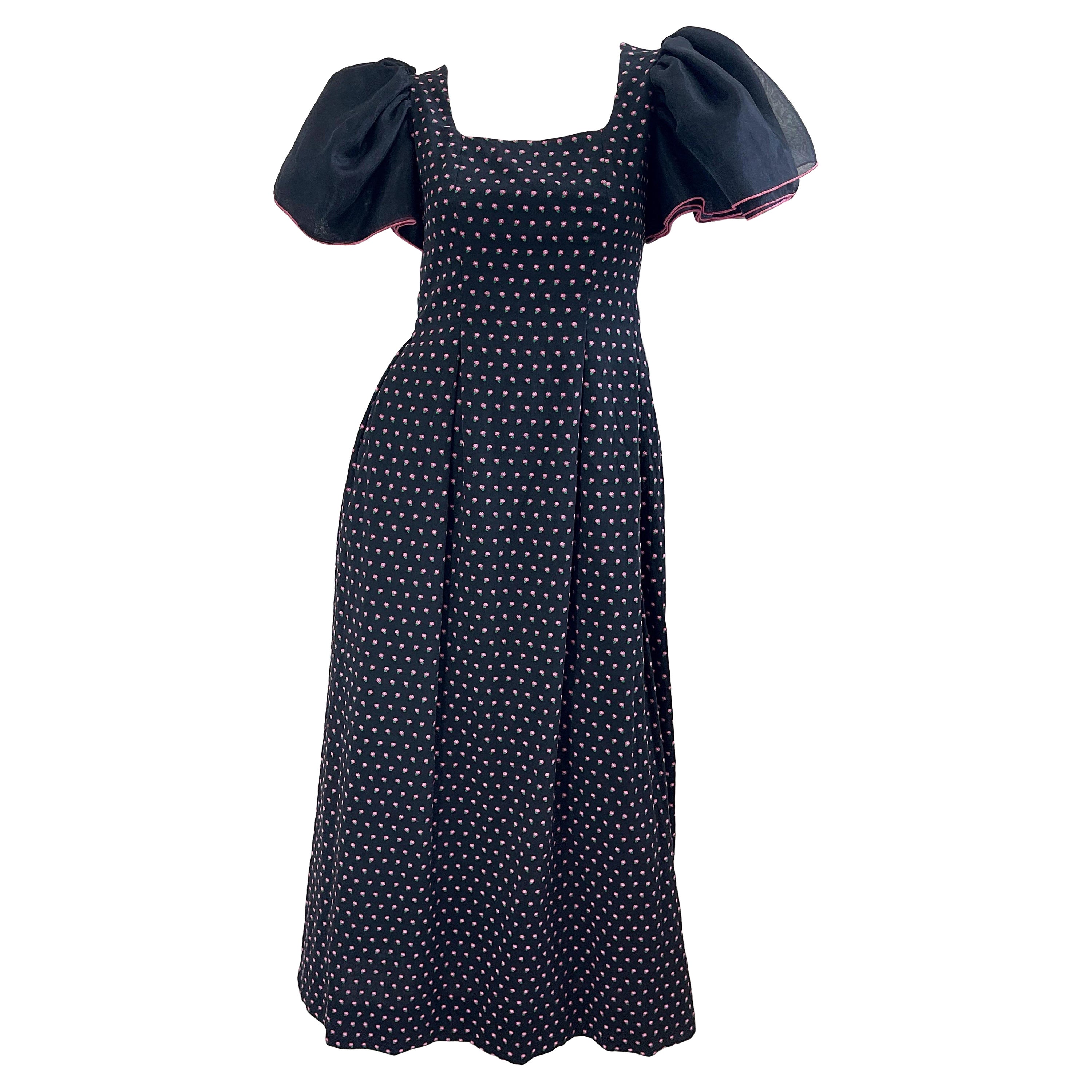 Vestito midi anni '80 Richilene nero e rosa con stampa floreale e maniche a balze in vendita