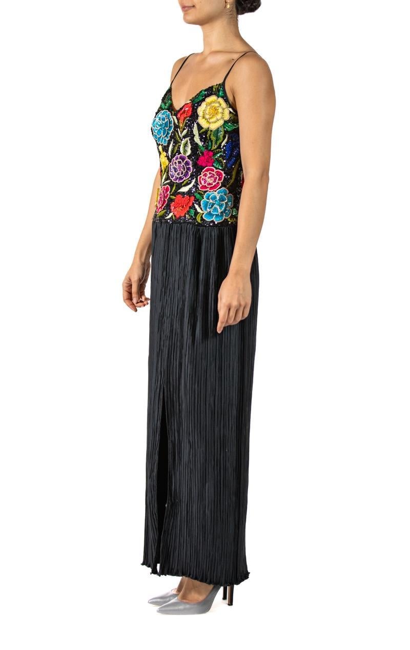 1980S RICHILENE Black Poly Blend Satin Gown With Lavishly Embroidered & Beaded  In Excellent Condition For Sale In New York, NY