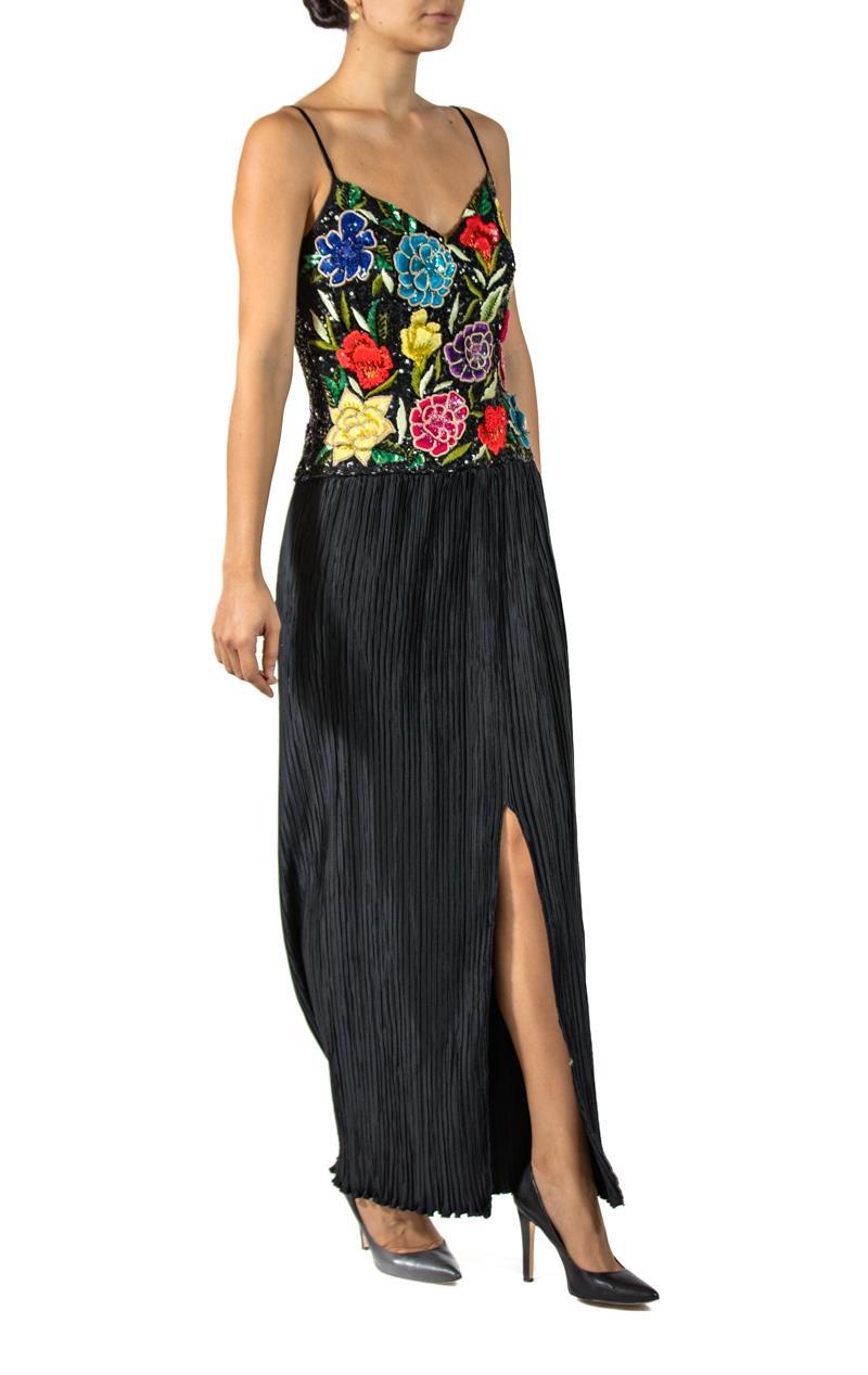 Women's 1980S RICHILENE Black Poly Blend Satin Gown With Lavishly Embroidered & Beaded  For Sale