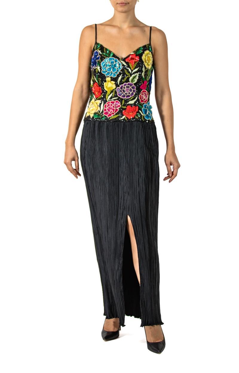 1980S RICHILENE Black Poly Blend Satin Gown With Lavishly Embroidered & Beaded For Sale 2