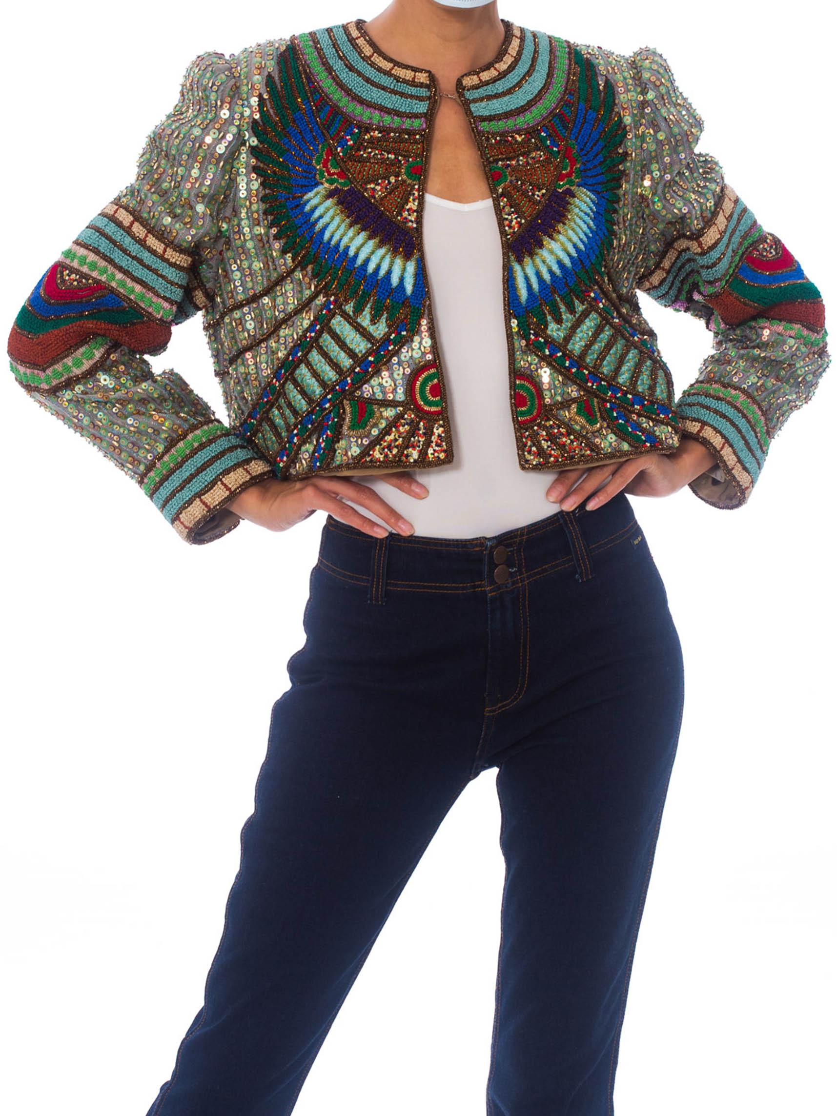1980S RICHILENE Blue & Gold Silk Evening Jacket Entirely Beaded Embroidered With An Egyptian Wing Design