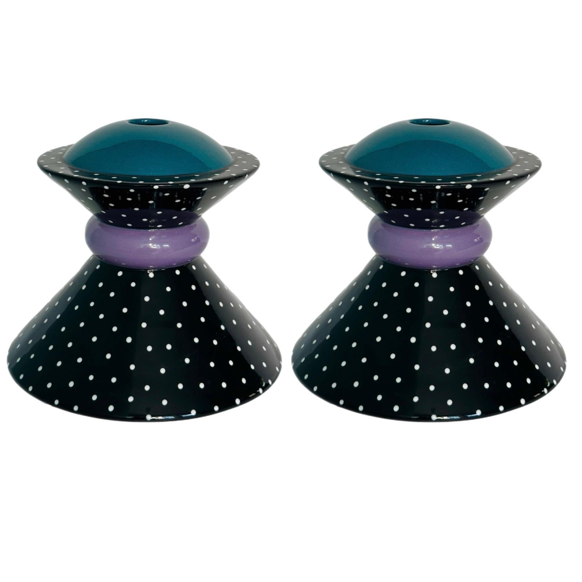 1980s Rita Duvall Postmodern Polka Dots Geometric Taper Candle Holders – a Pair 