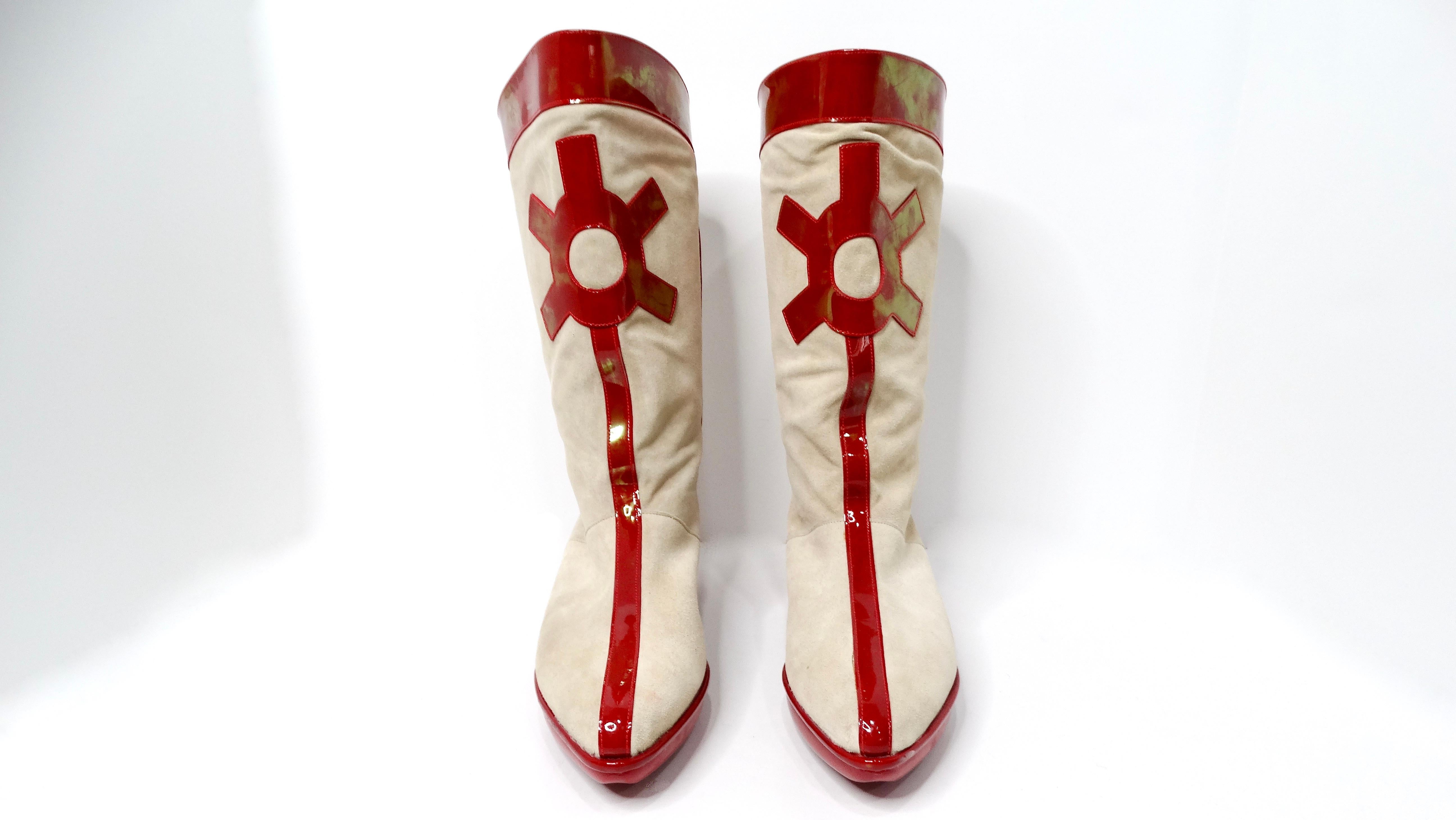 Beige 1980s Robert Clergerie Suede & Red Patent Leather Iridescent Retro Boots For Sale