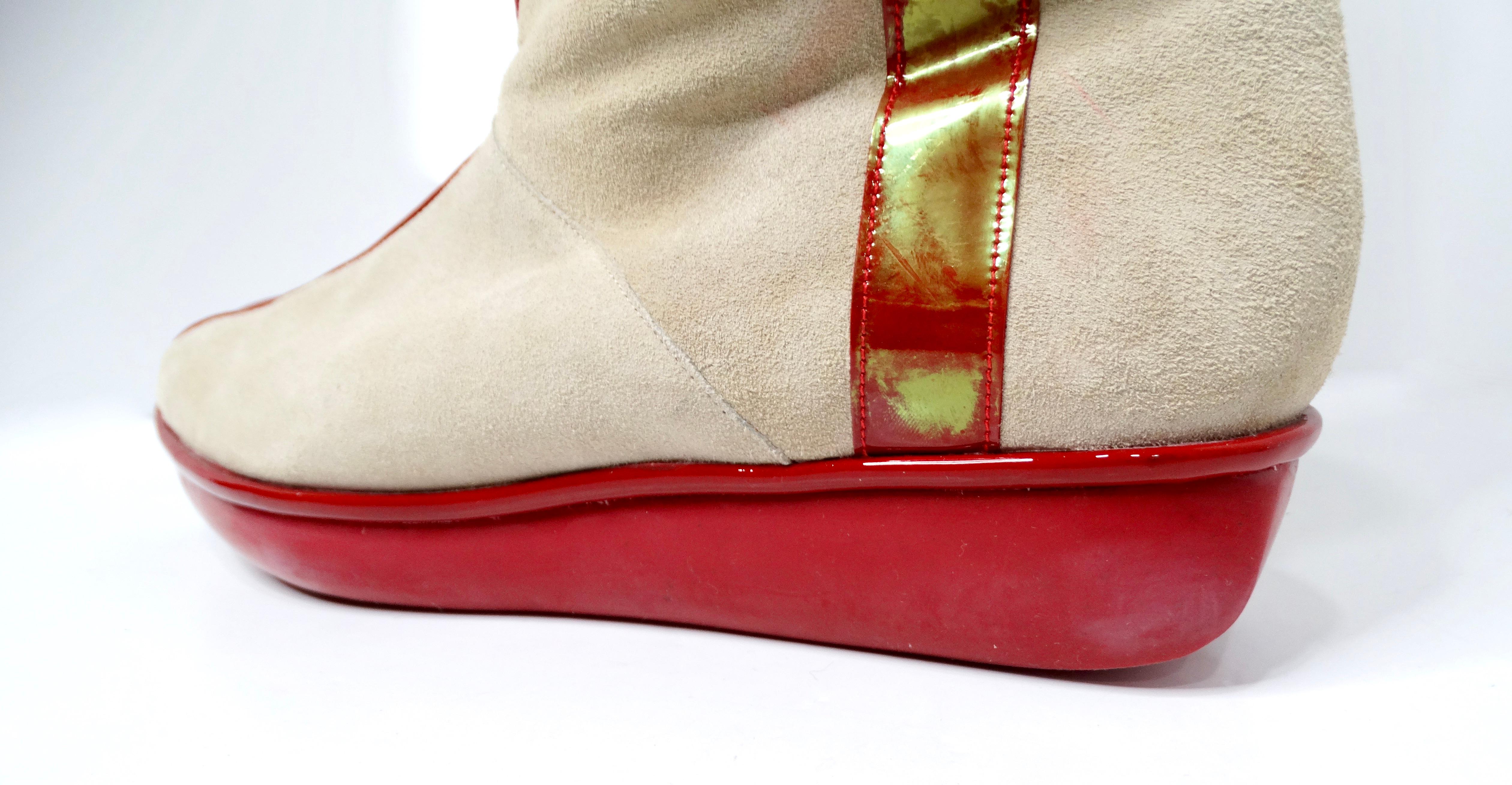 1980s Robert Clergerie Suede & Red Patent Leather Iridescent Retro Boots In Good Condition For Sale In Scottsdale, AZ