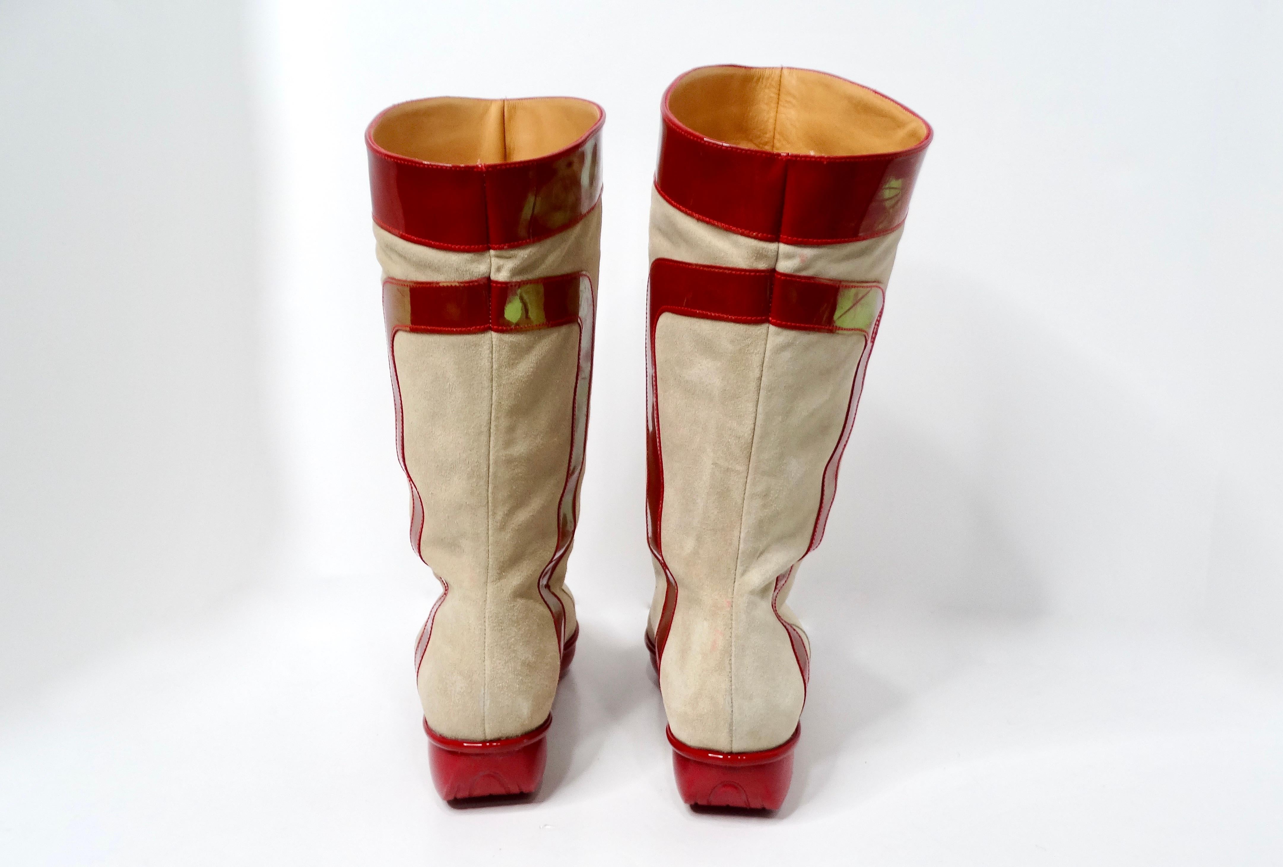 Women's 1980s Robert Clergerie Suede & Red Patent Leather Iridescent Retro Boots For Sale