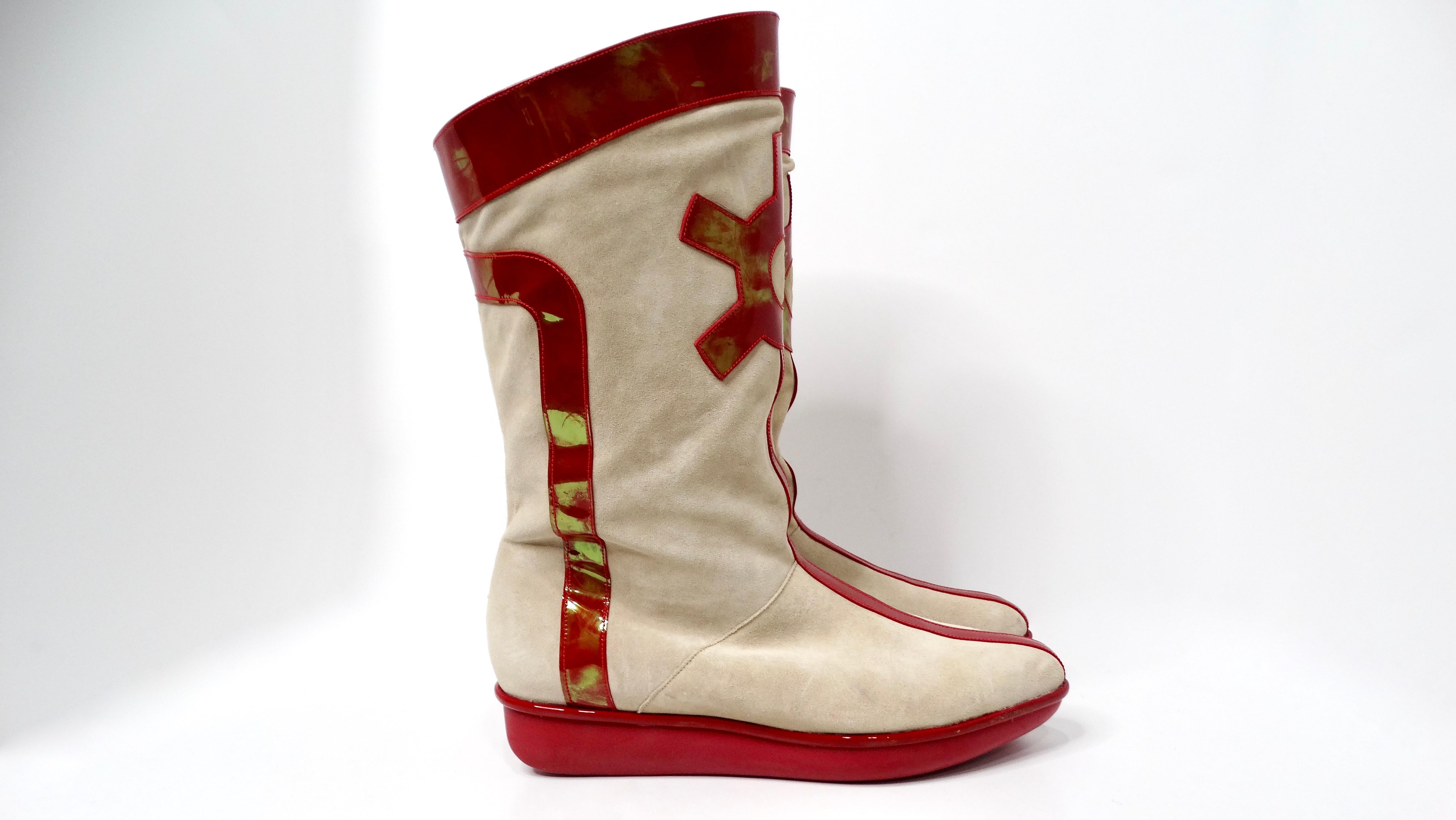 1980s Robert Clergerie Suede & Red Patent Leather Iridescent Retro Boots For Sale 1