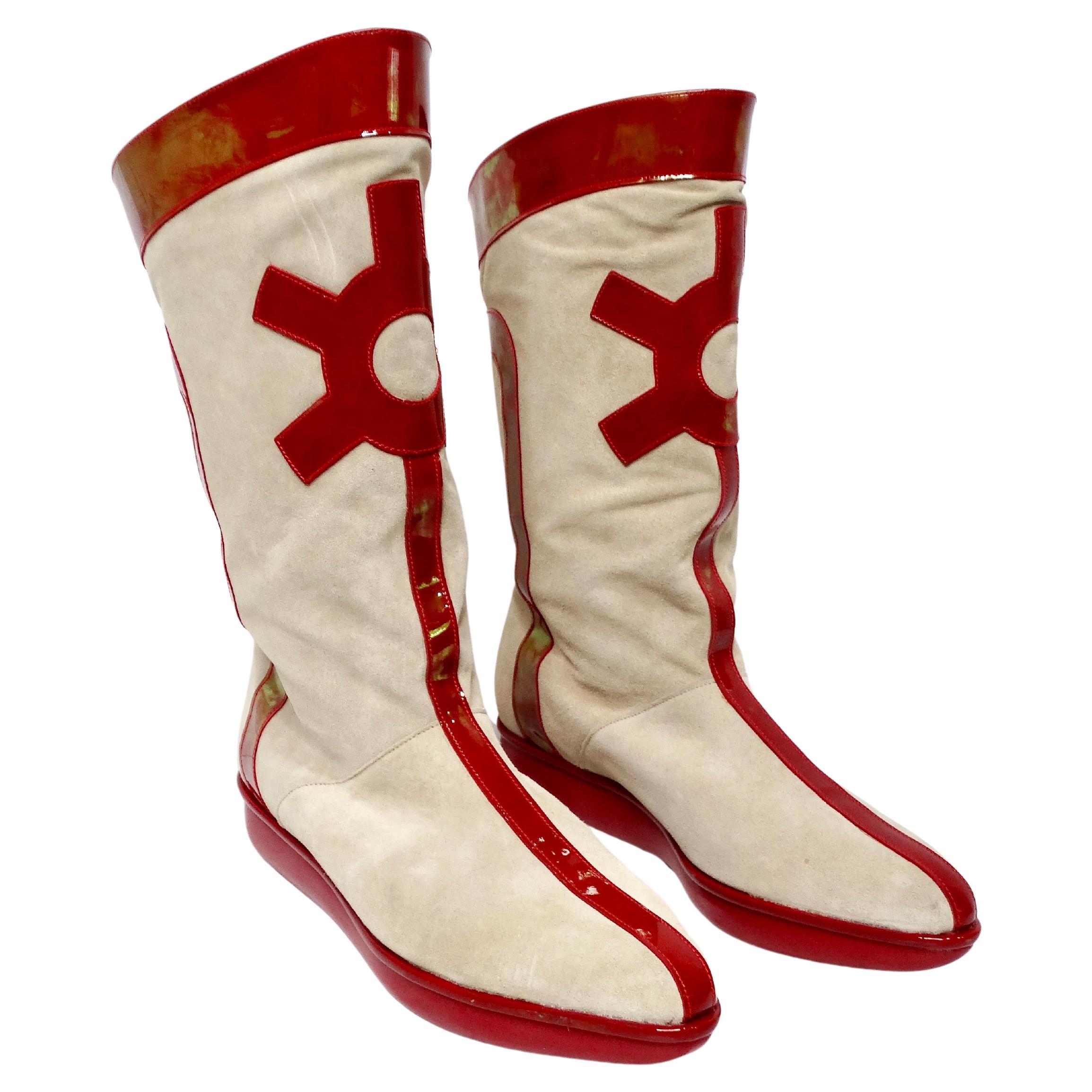 1980s Robert Clergerie Suede & Red Patent Leather Iridescent Retro Boots For Sale