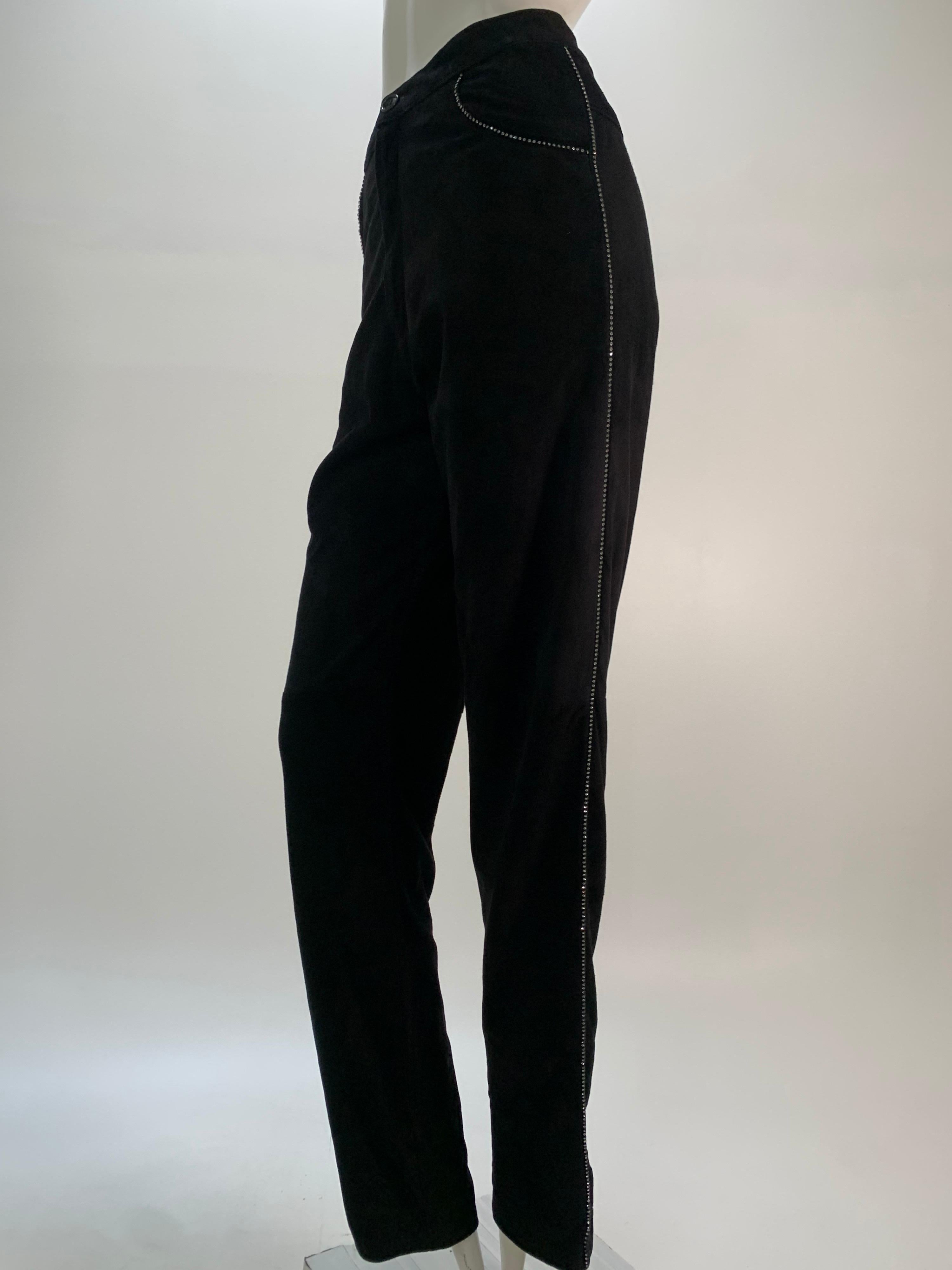 1980s Robert Elliot fine black suede pant in a relaxed cut with small rhinestones edging the outer leg seam and pocket. Lined. 