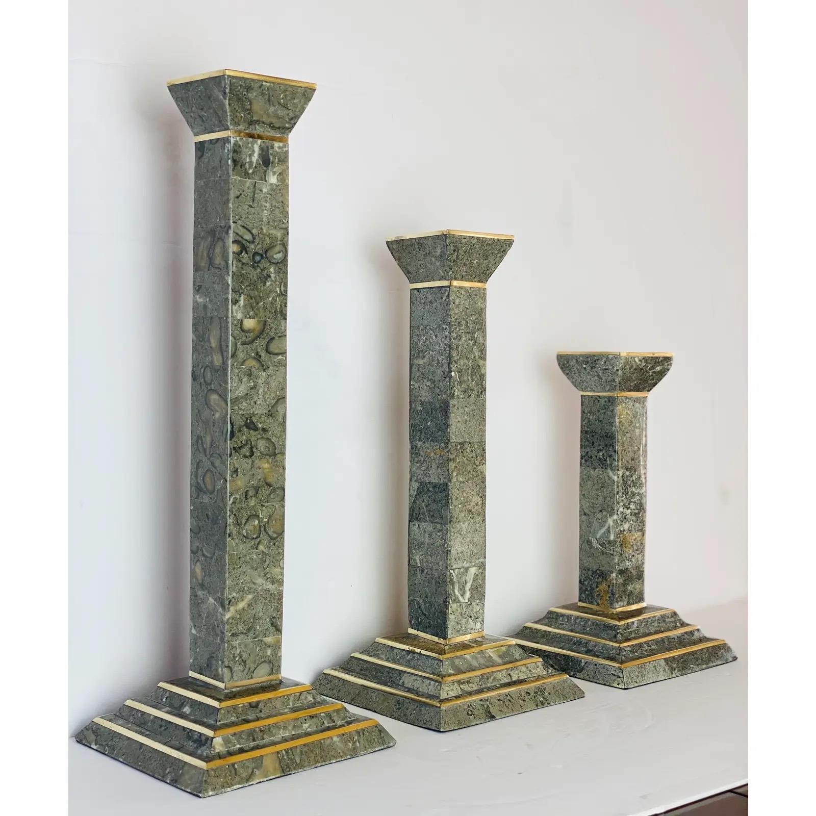 1980s Robert Marcius for Casa Bisque Tessellated Candlesticks, Set of 3 In Good Condition For Sale In Farmington Hills, MI