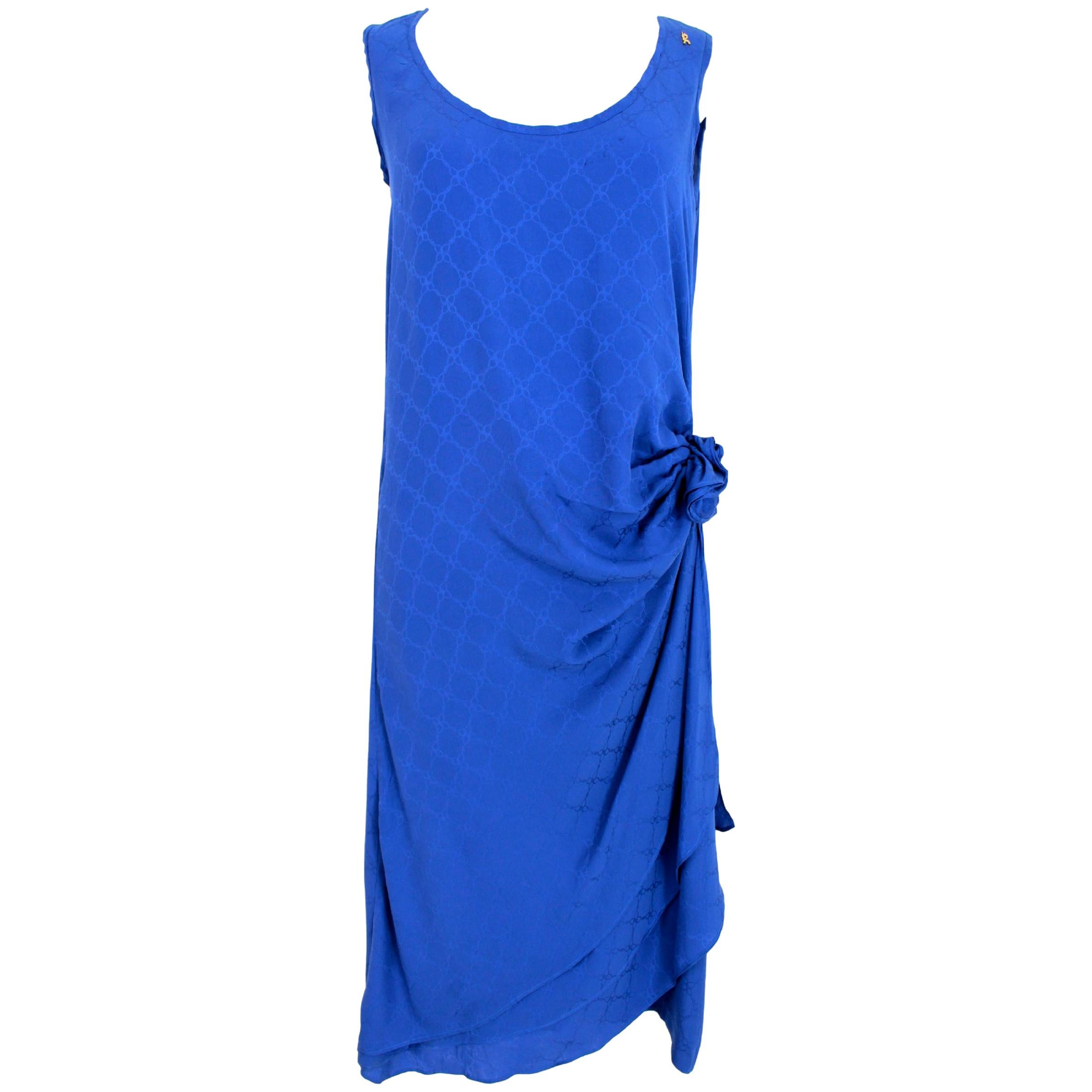 1980s Roberta Di Camerino Blue Silk Long Sheath Dress Wallet Skirt