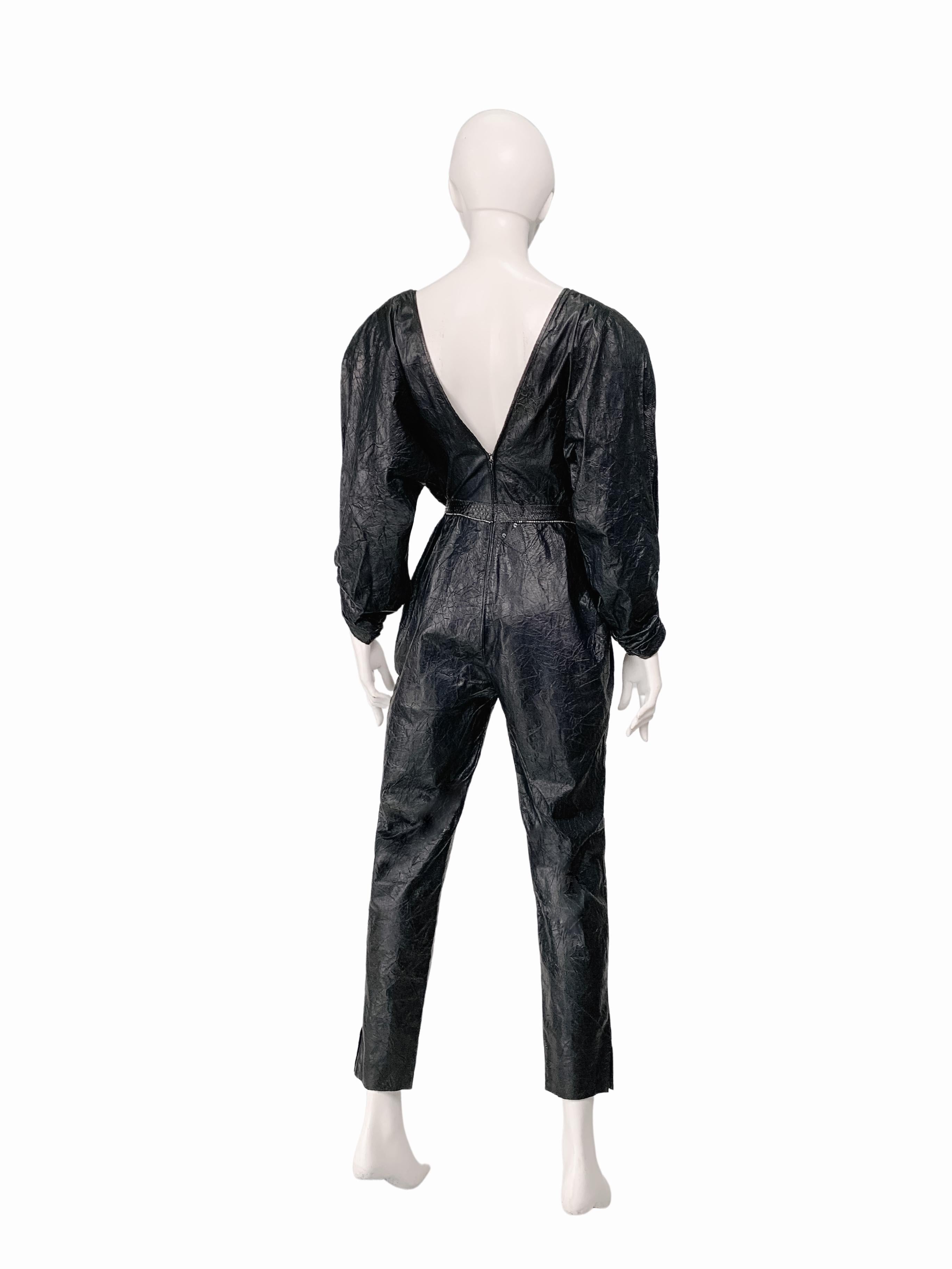 1980s Roberto Cavalli Textured Leather & Lace Crystal Embellished Jumpsuit In Good Condition For Sale In TARRAGONA, ES