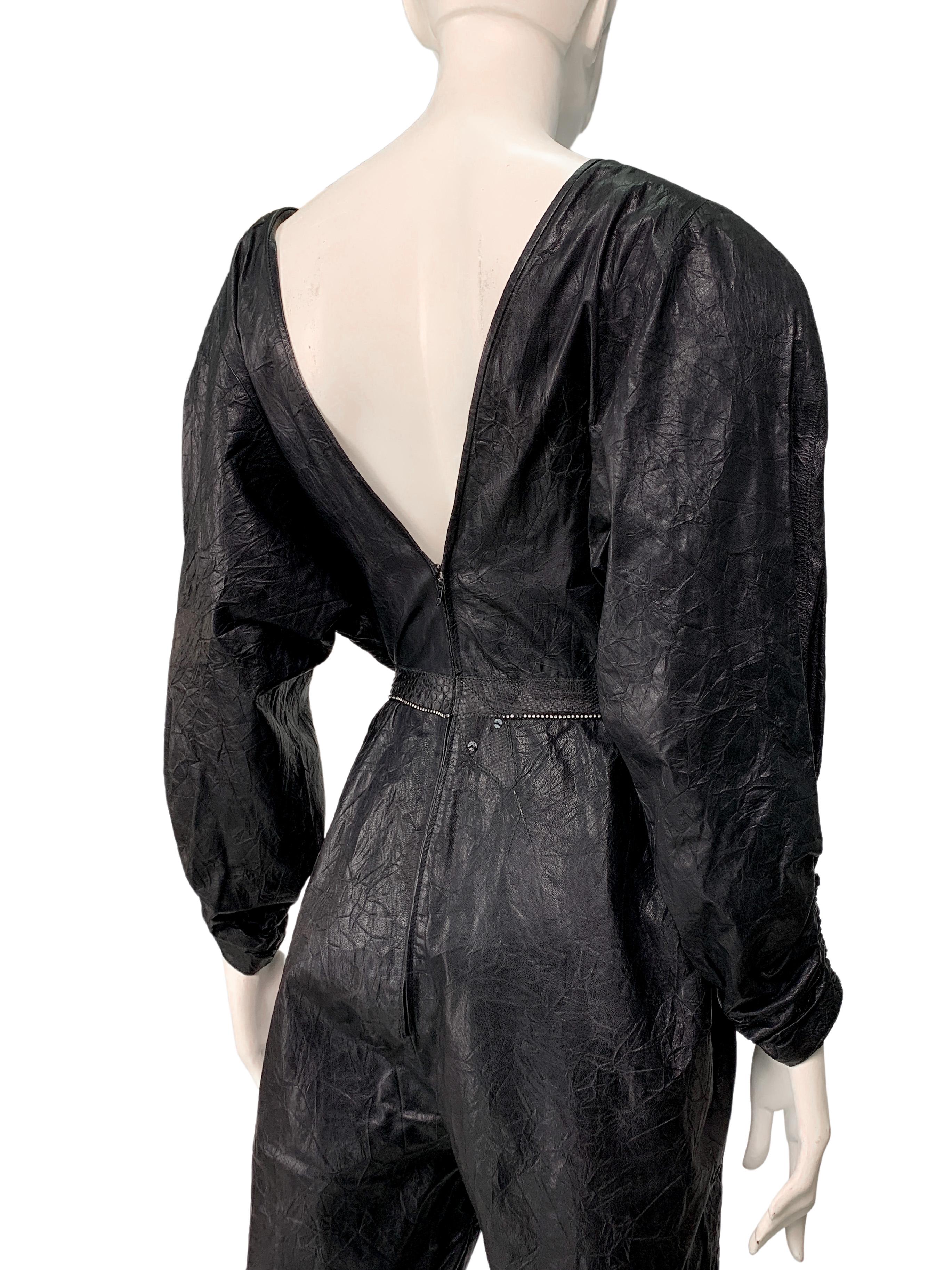 Women's 1980s Roberto Cavalli Textured Leather & Lace Crystal Embellished Jumpsuit For Sale