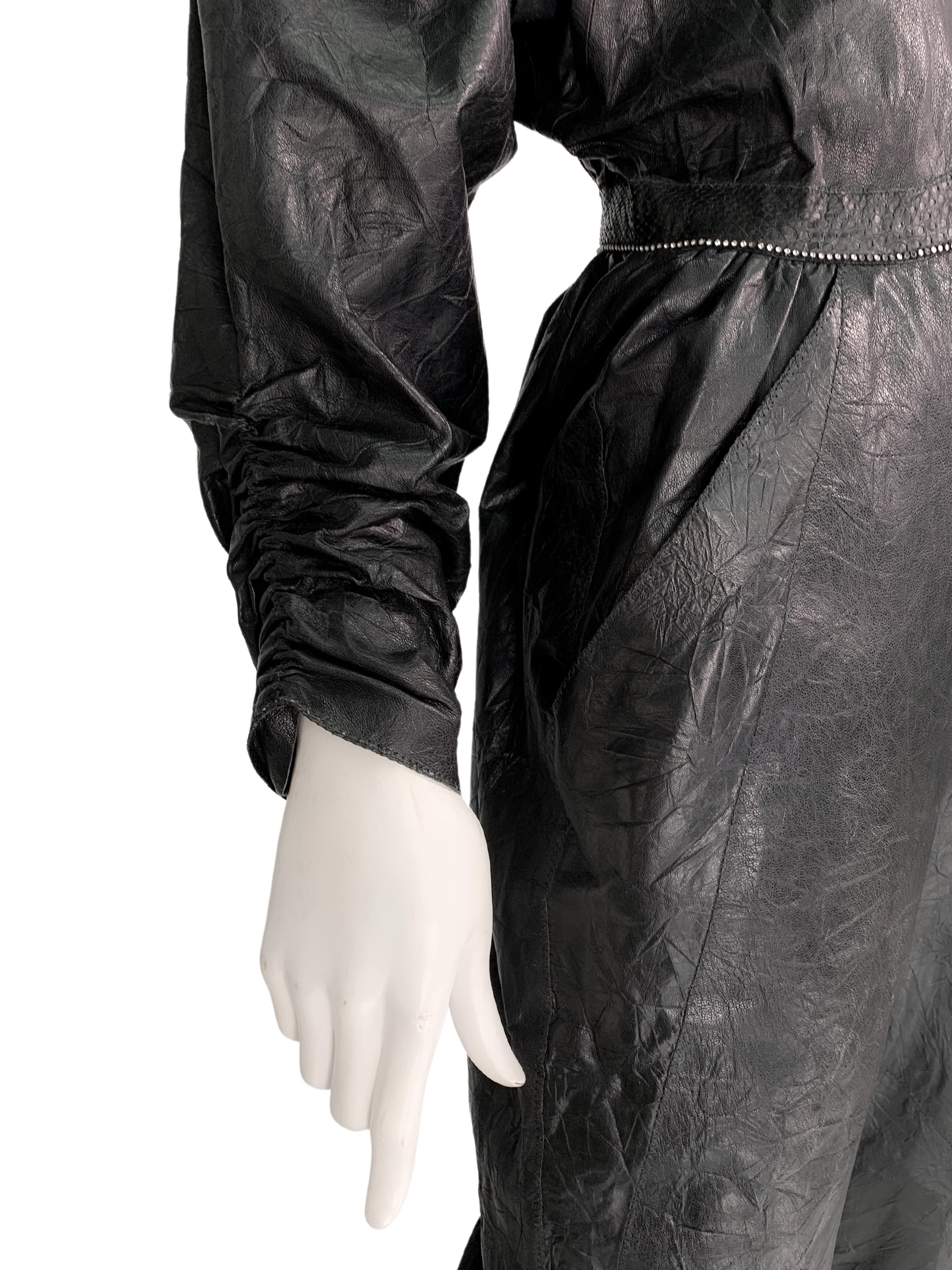 1980s Roberto Cavalli Textured Leather & Lace Crystal Embellished Jumpsuit For Sale 2