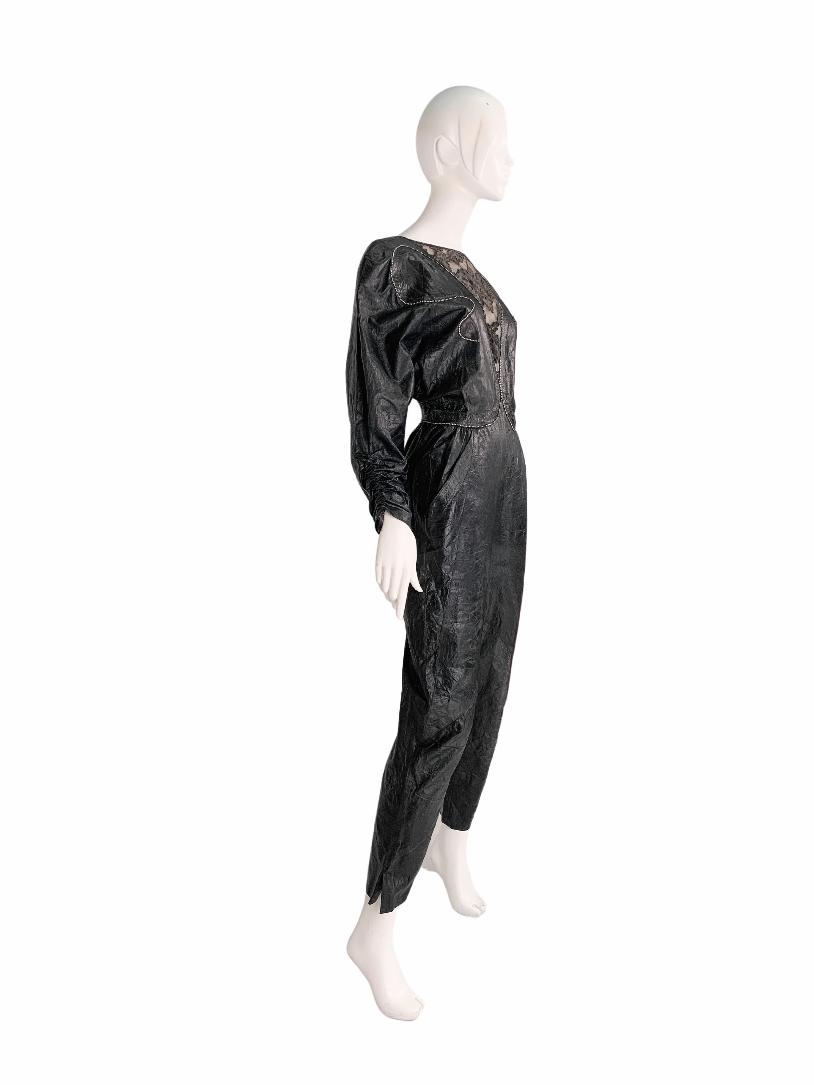 1980s Roberto Cavalli Textured Leather & Lace Crystal Embellished Jumpsuit For Sale 3