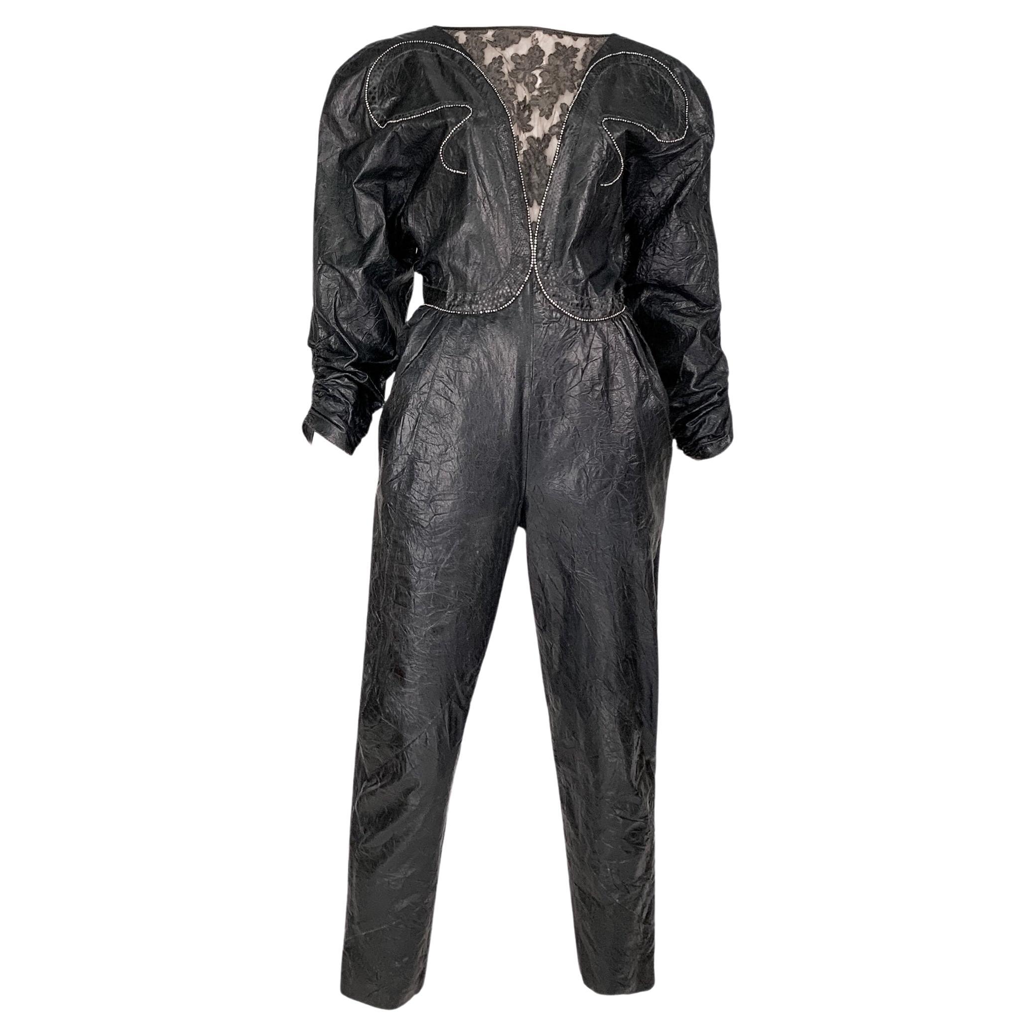 1980s Roberto Cavalli Textured Leather & Lace Crystal Embellished Jumpsuit For Sale