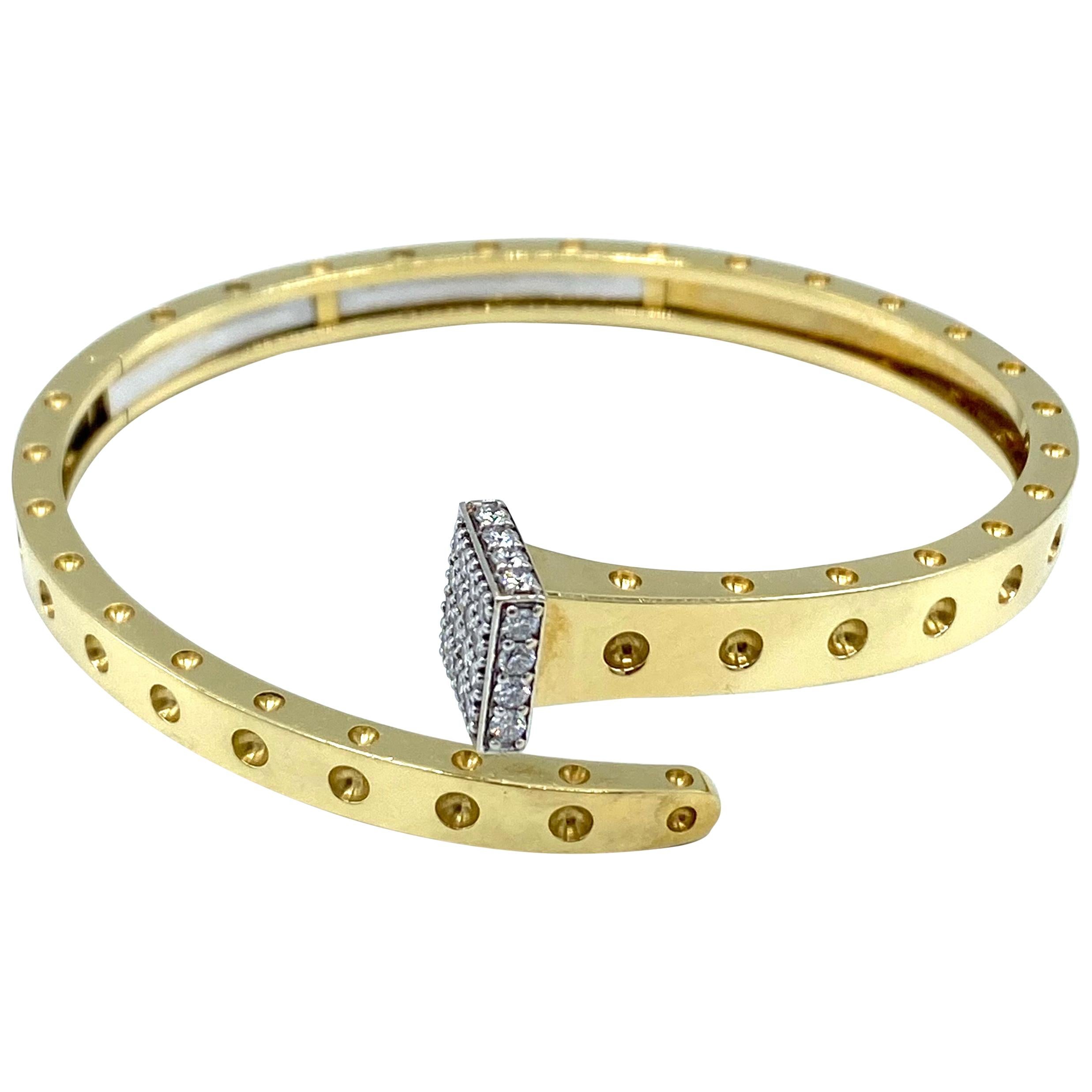 1980's Roberto Coin Yellow Gold and Diamond Nail Bangle Bracelet For Sale