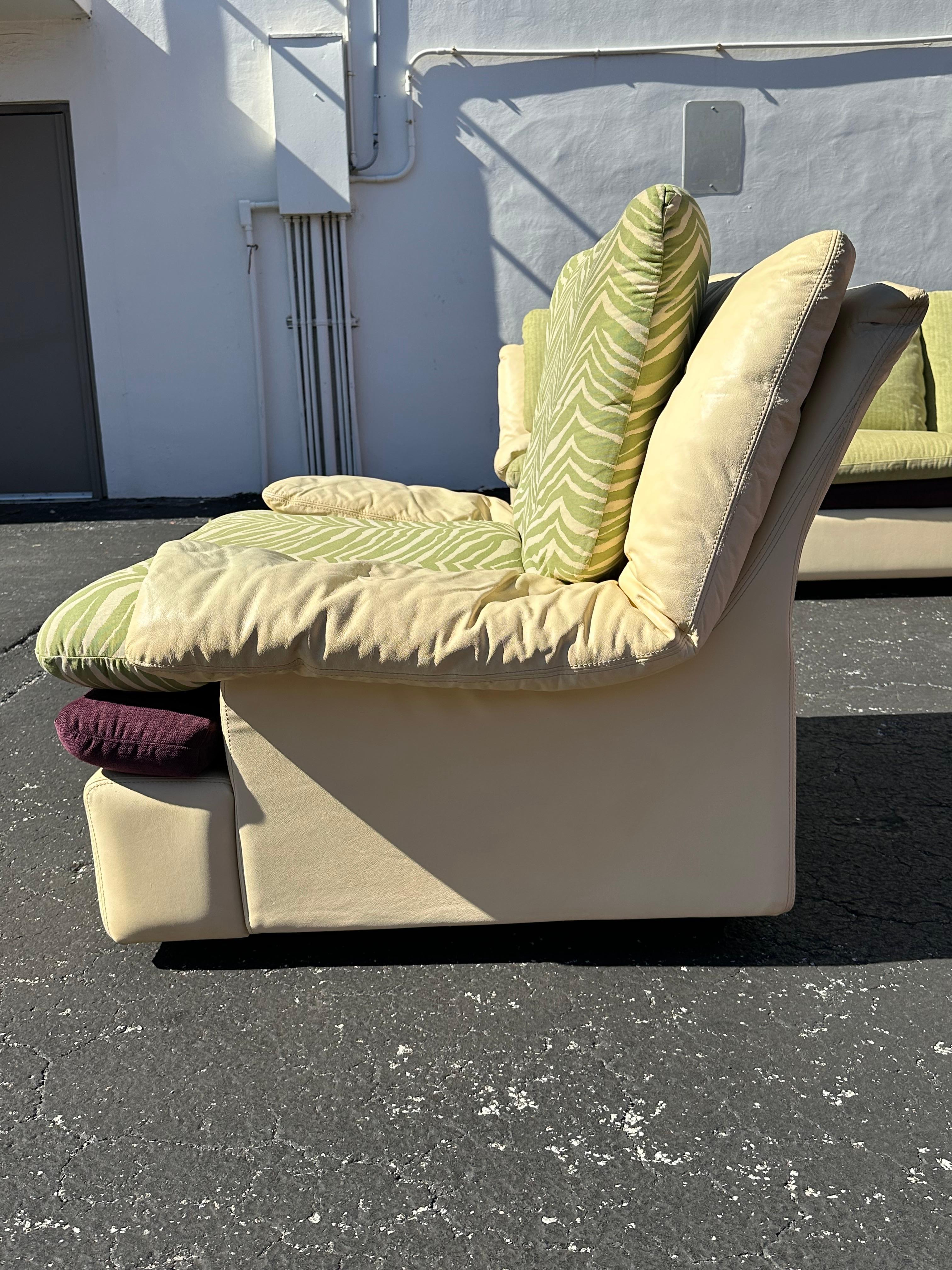 Post Modern Roche Bobois Beige Leather Purple Green Zebra Sofa and Chairs For Sale 4