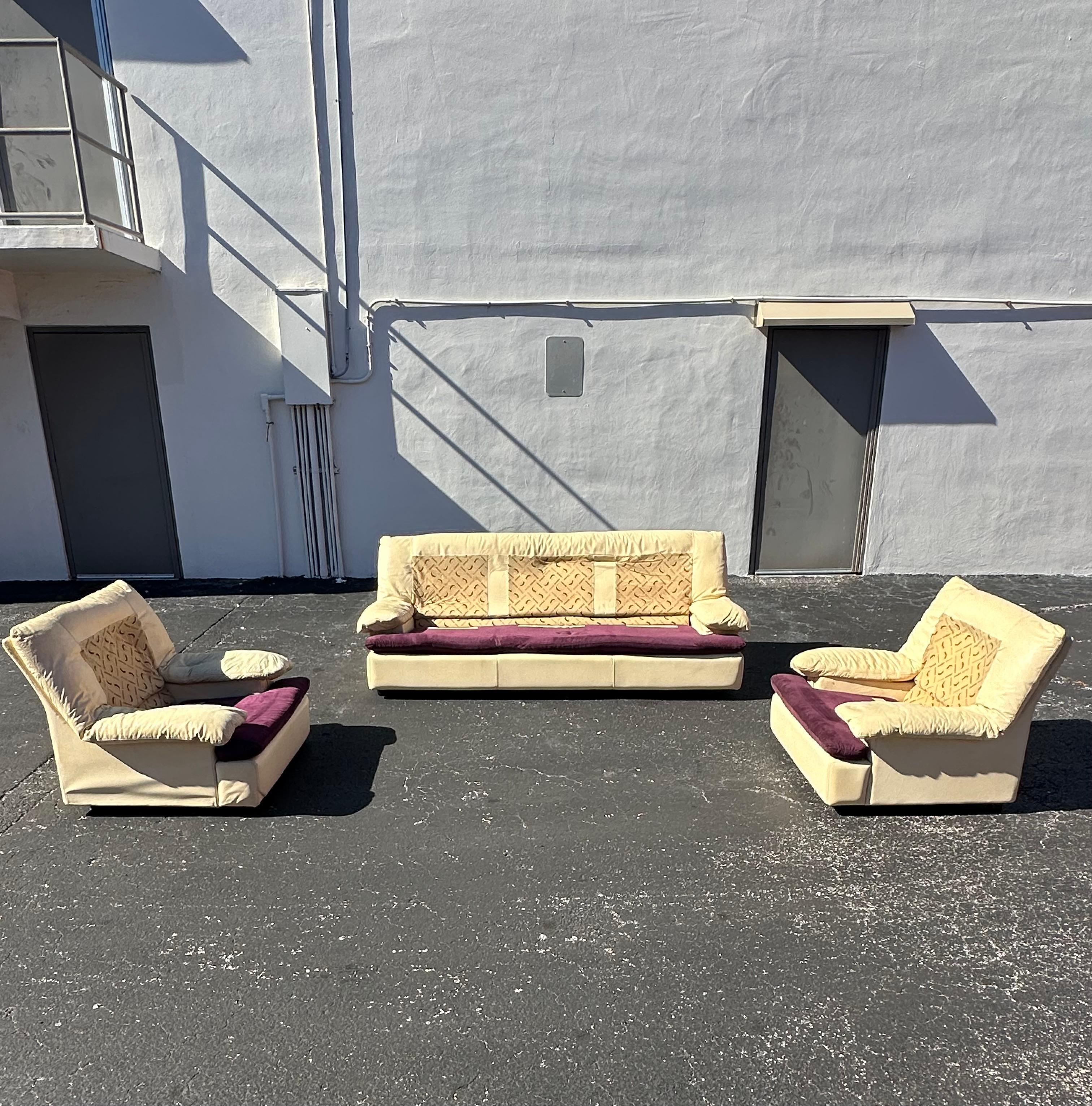 Post Modern Roche Bobois Beige Leather Purple Green Zebra Sofa and Chairs For Sale 6