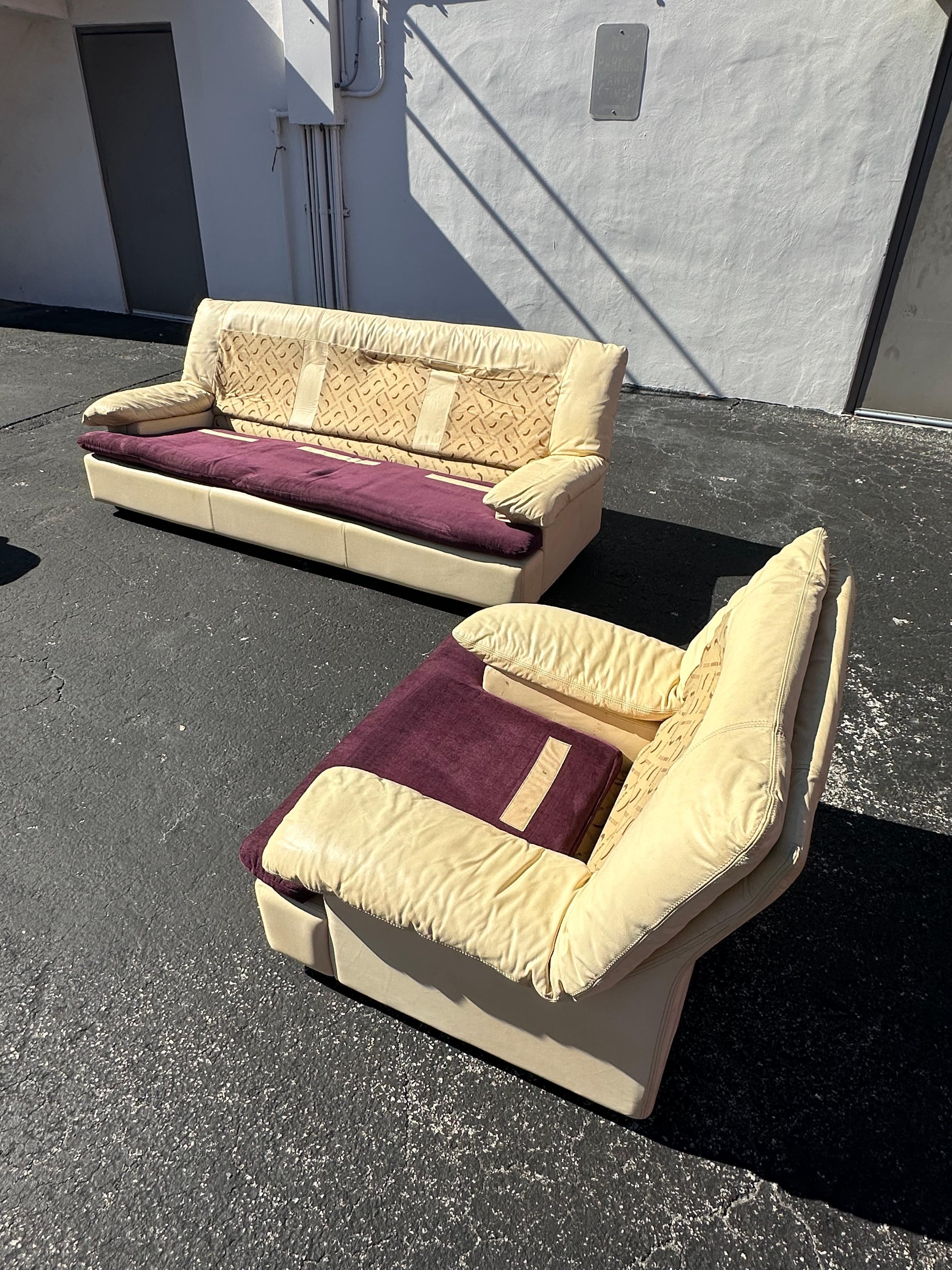 Post Modern Roche Bobois Beige Leather Purple Green Zebra Sofa and Chairs For Sale 7
