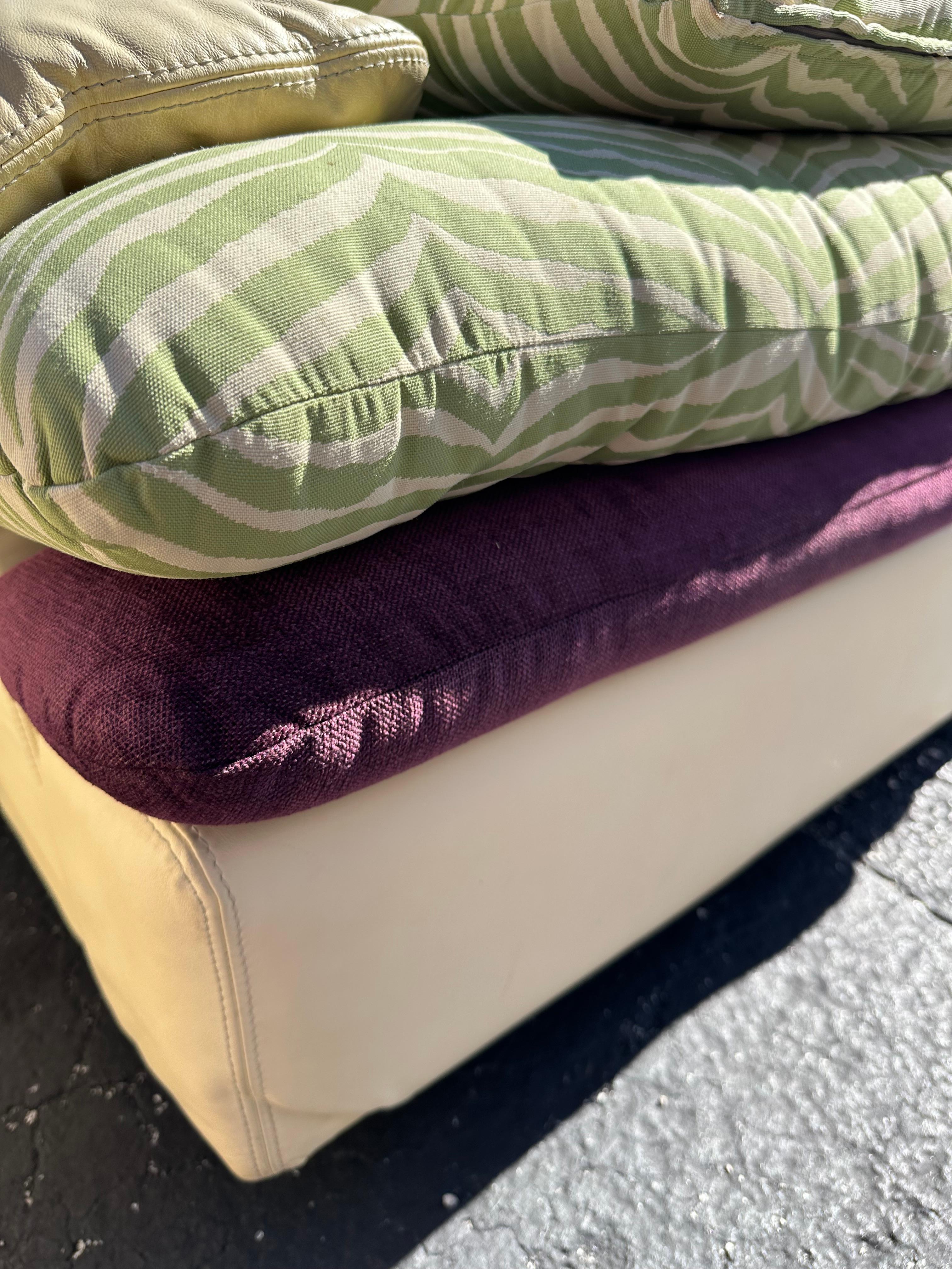 Post Modern Roche Bobois Beige Leather Purple Green Zebra Sofa and Chairs For Sale 12