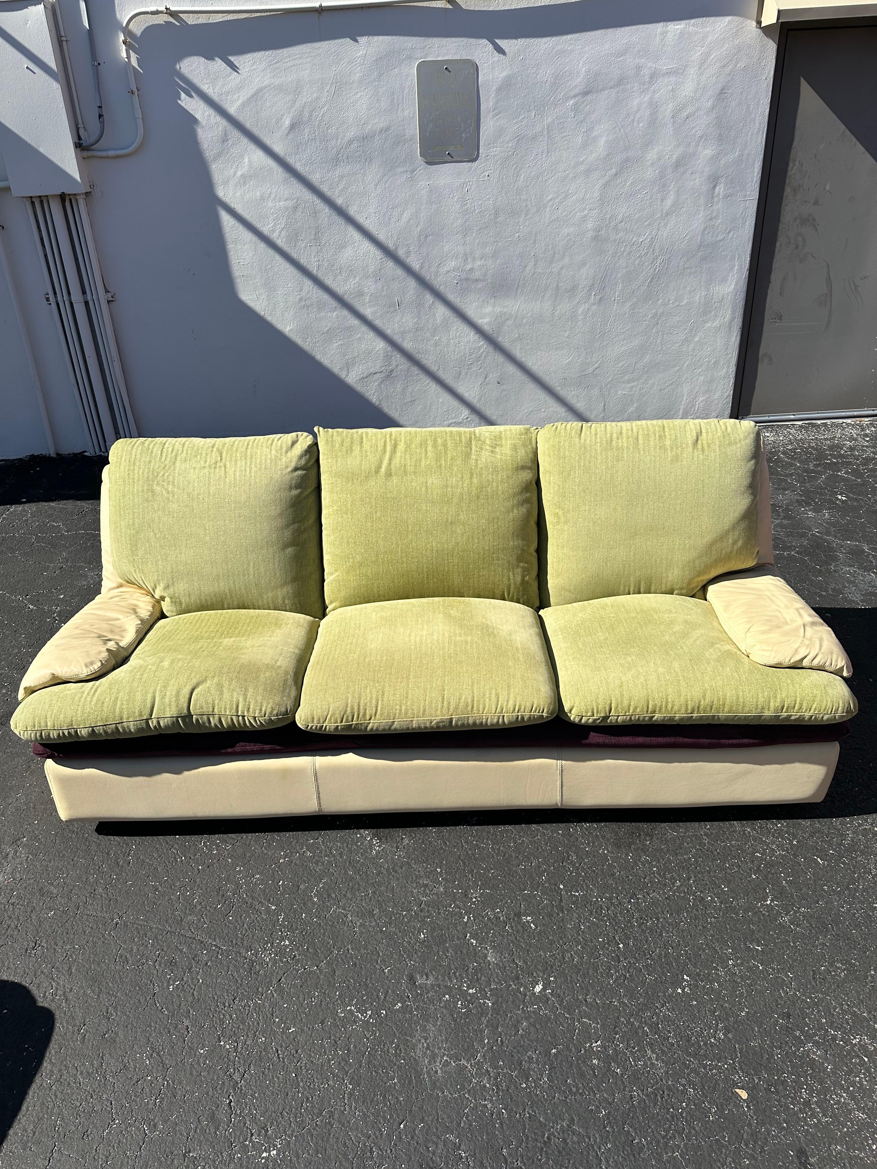 Post-Modern Post Modern Roche Bobois Beige Leather Purple Green Zebra Sofa and Chairs For Sale