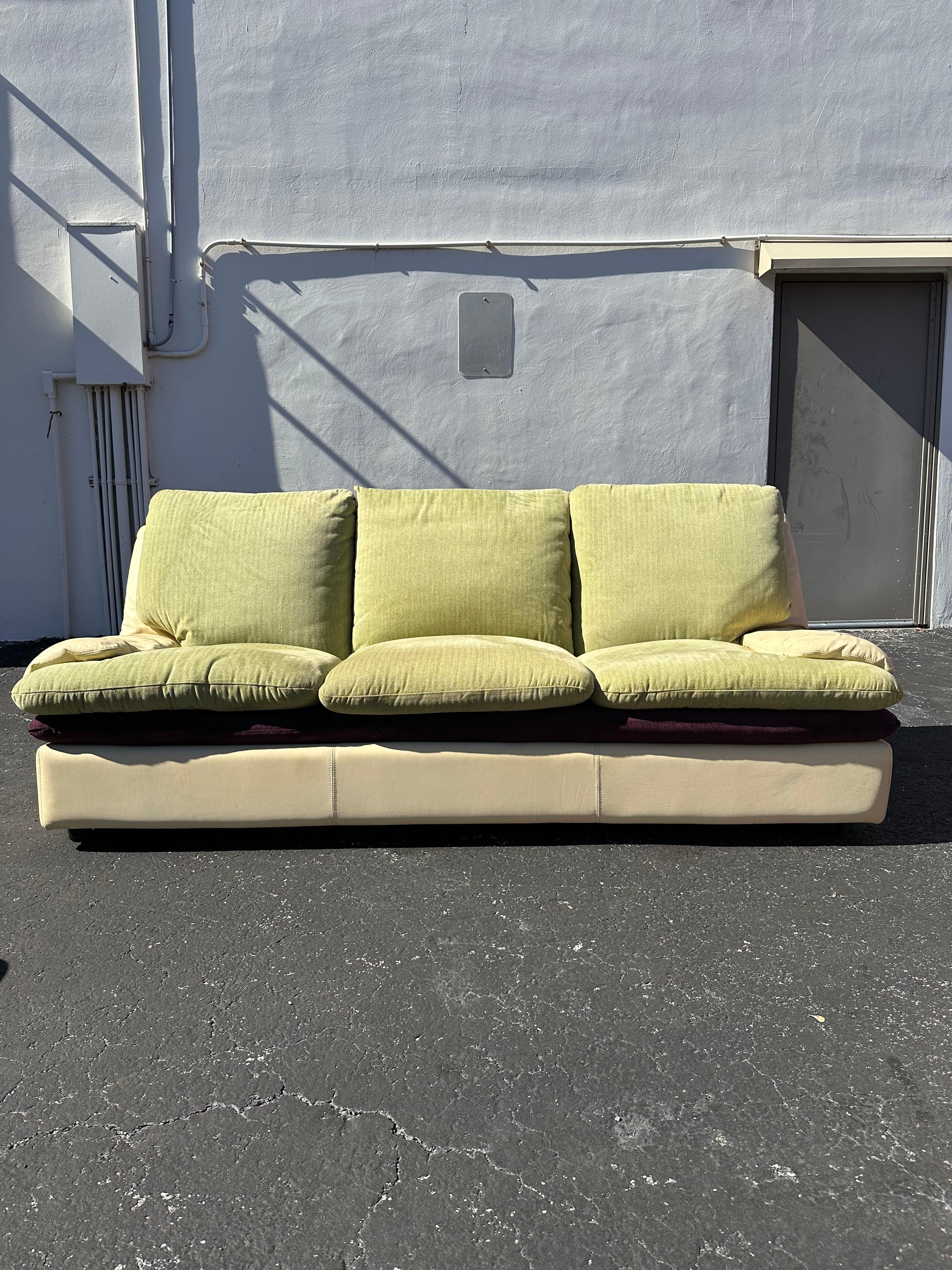 Italian Post Modern Roche Bobois Beige Leather Purple Green Zebra Sofa and Chairs For Sale