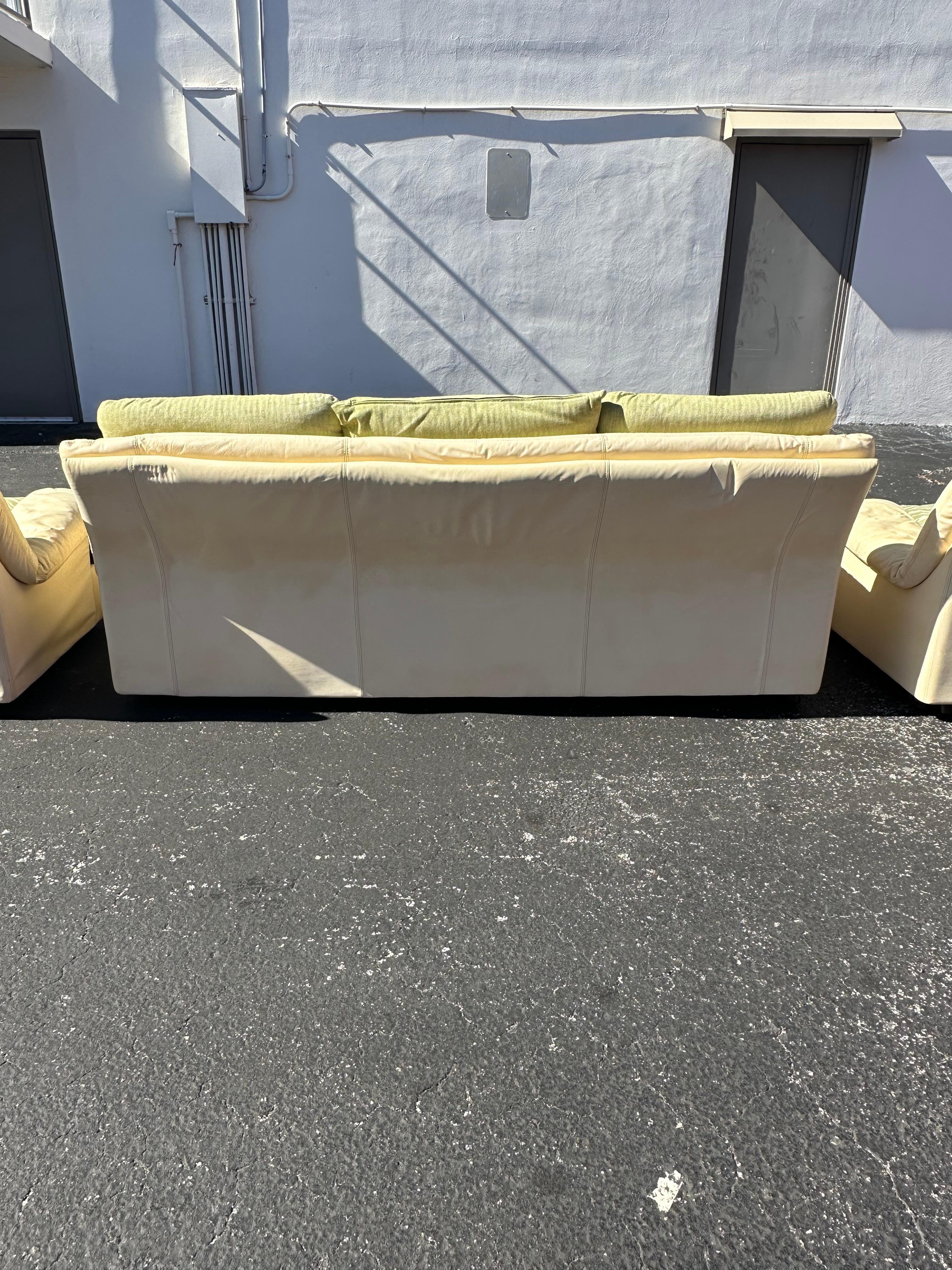 Post Modern Roche Bobois Beige Leather Purple Green Zebra Sofa and Chairs In Good Condition For Sale In Fort Lauderdale, FL
