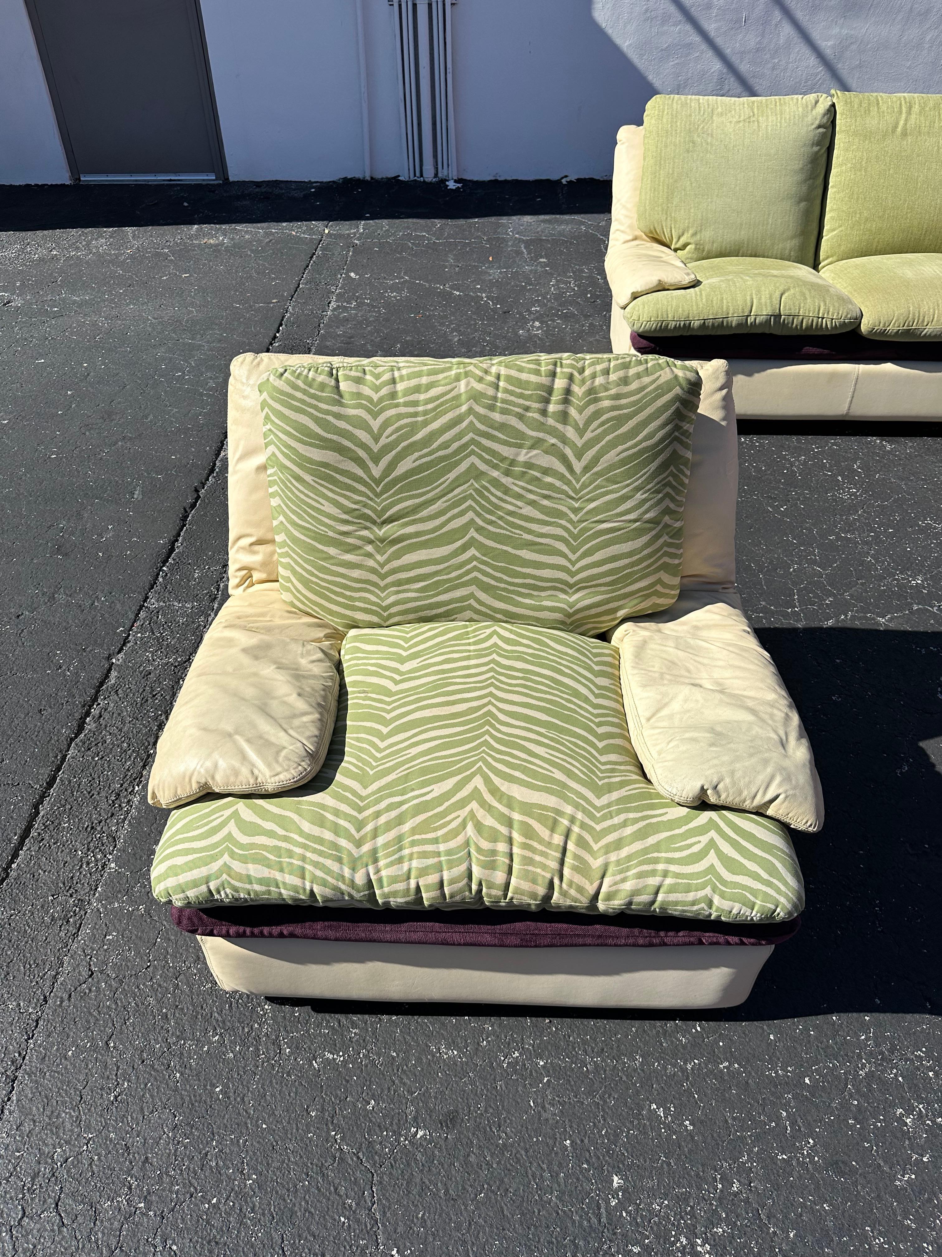 Late 20th Century Post Modern Roche Bobois Beige Leather Purple Green Zebra Sofa and Chairs For Sale