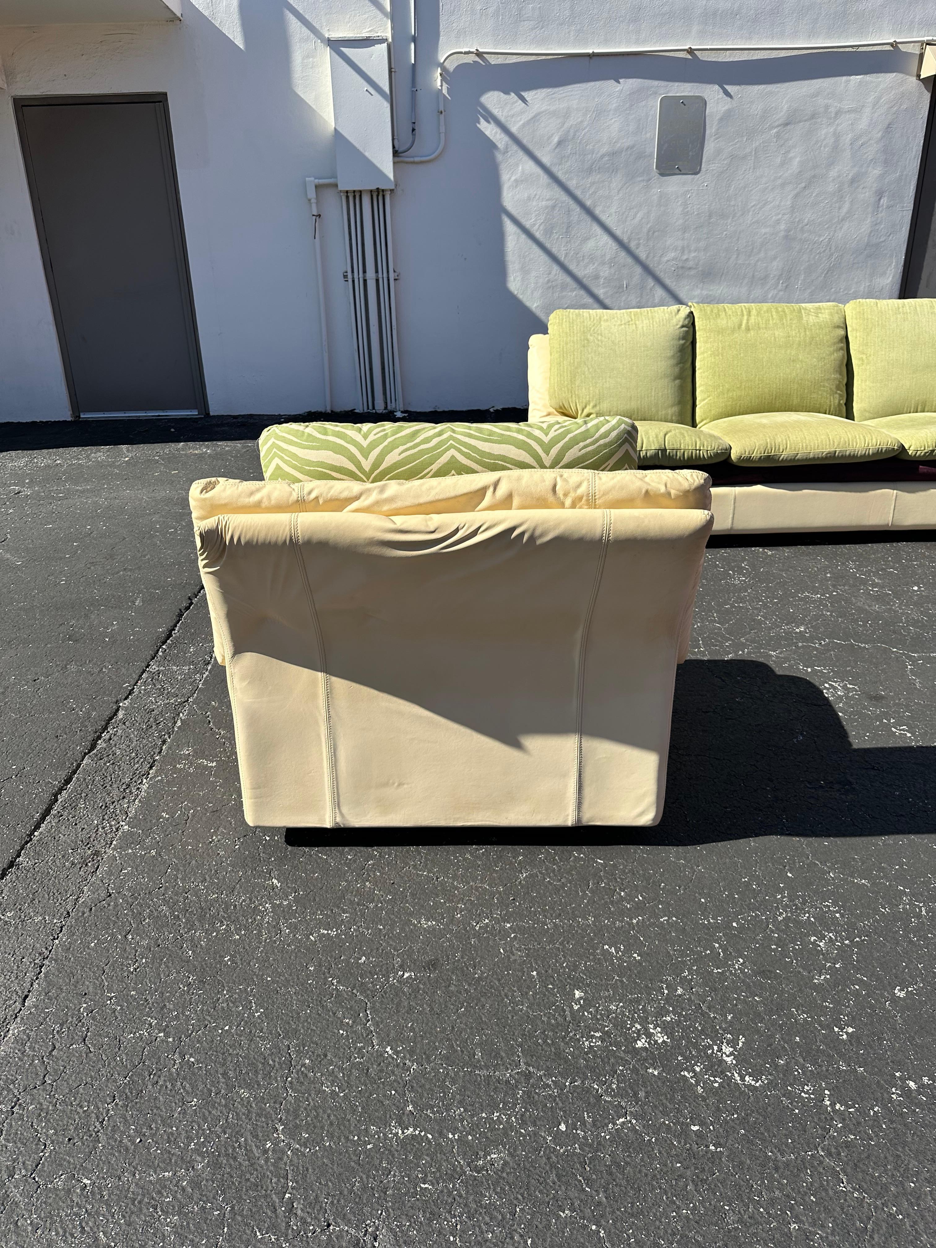 Post Modern Roche Bobois Beige Leather Purple Green Zebra Sofa and Chairs For Sale 1